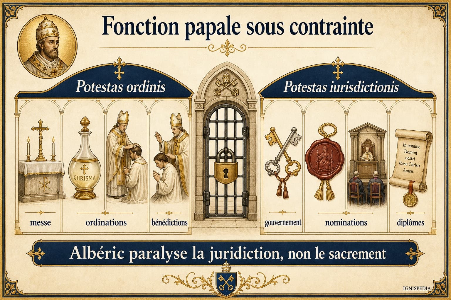 Infographie distinguant potestas ordinis et potestas iurisdictionis sous la contrainte politique