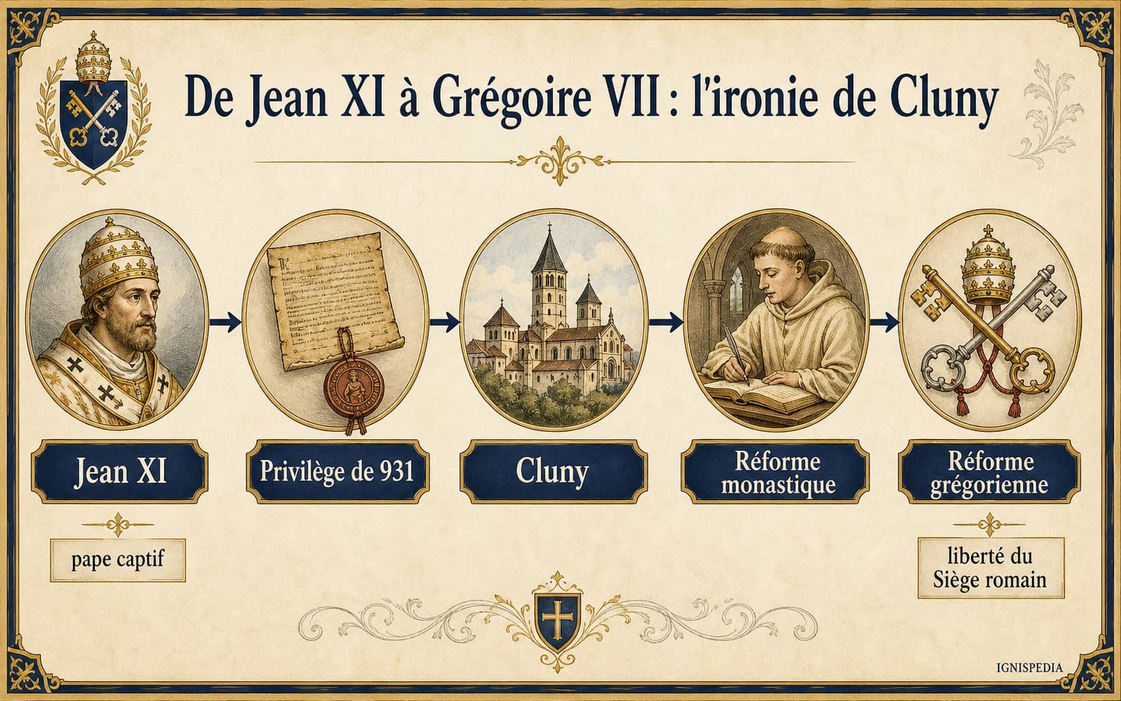Infographie reliant Jean XI, le privilège de Cluny et la réforme grégorienne