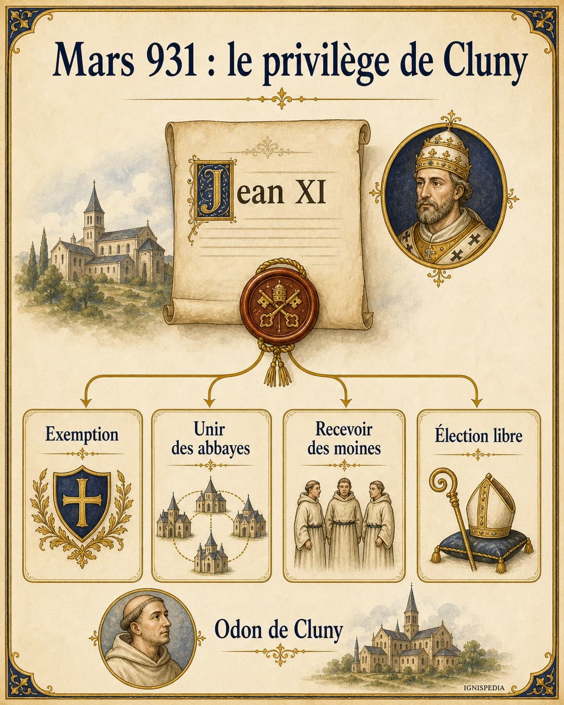 Infographie du privilège de Cluny accordé par Jean XI en mars 931