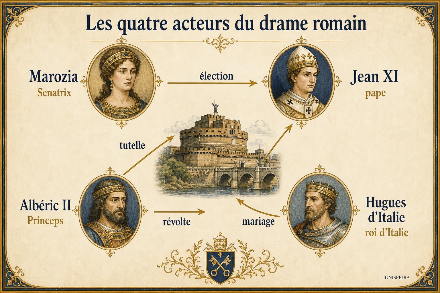Infographie des quatre acteurs du drame romain : Marozia, Jean XI, Albéric II et Hugues d'Italie
