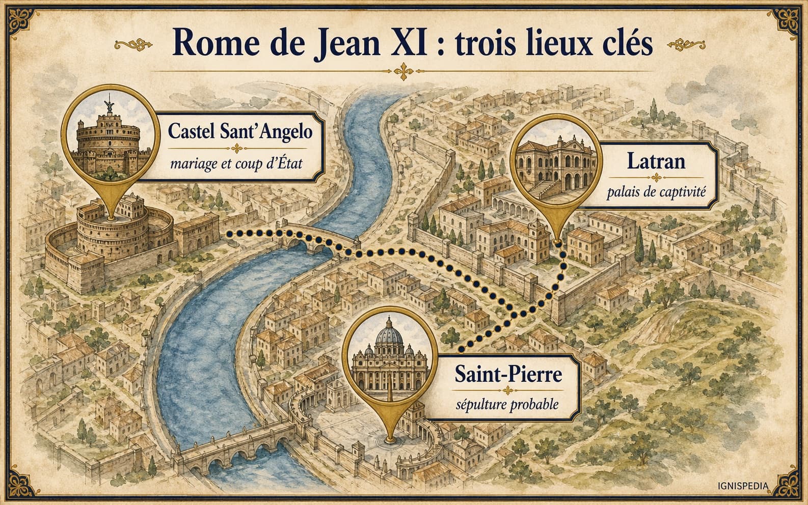 Carte infographique des trois lieux clés du pontificat de Jean XI à Rome