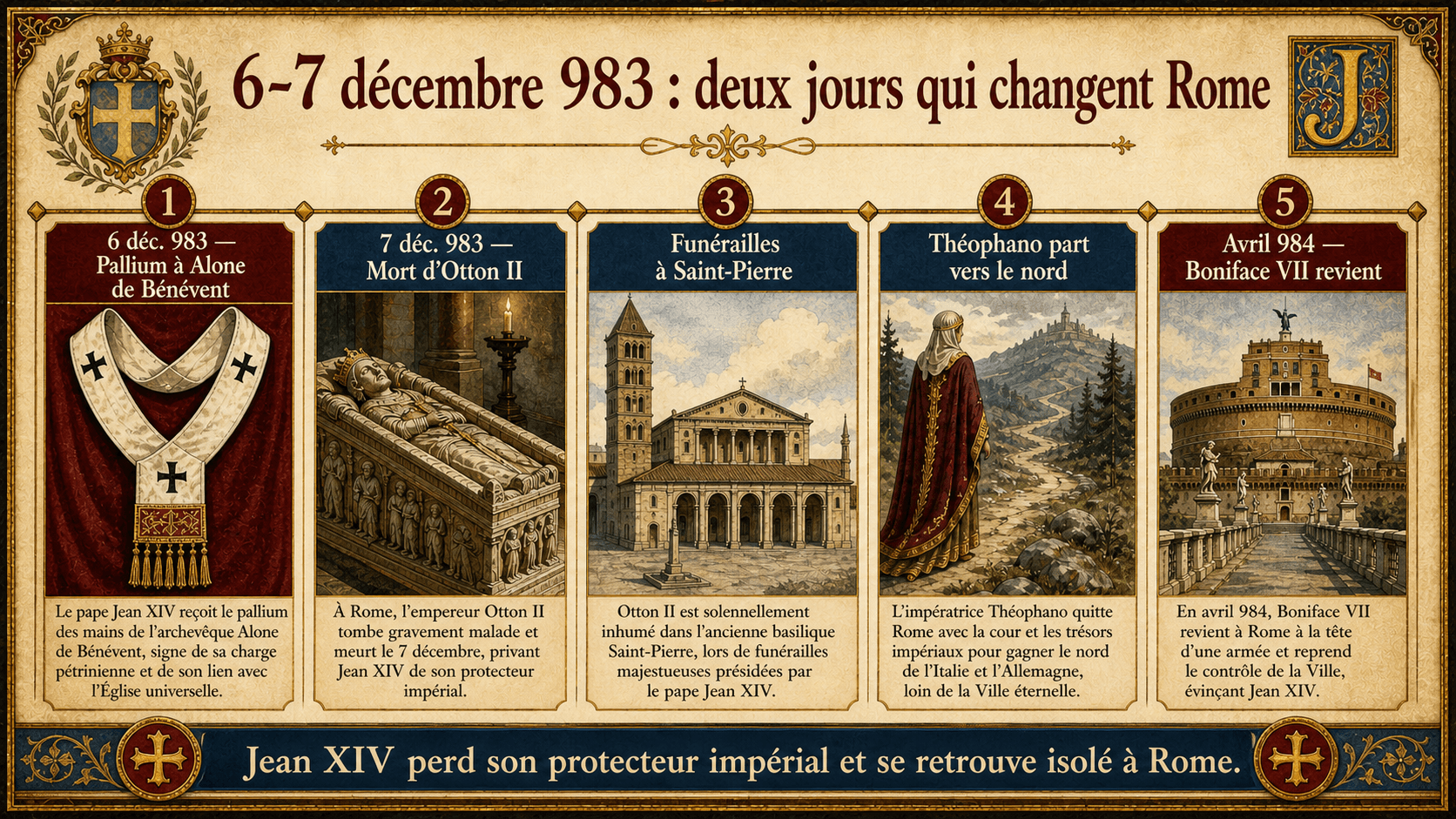 Infographie Ignispedia résumant les 6 et 7 décembre 983 : pallium à Alone de Bénévent, mort d'Otton II, funérailles à Saint-Pierre, départ de Théophano et retour de Boniface VII.