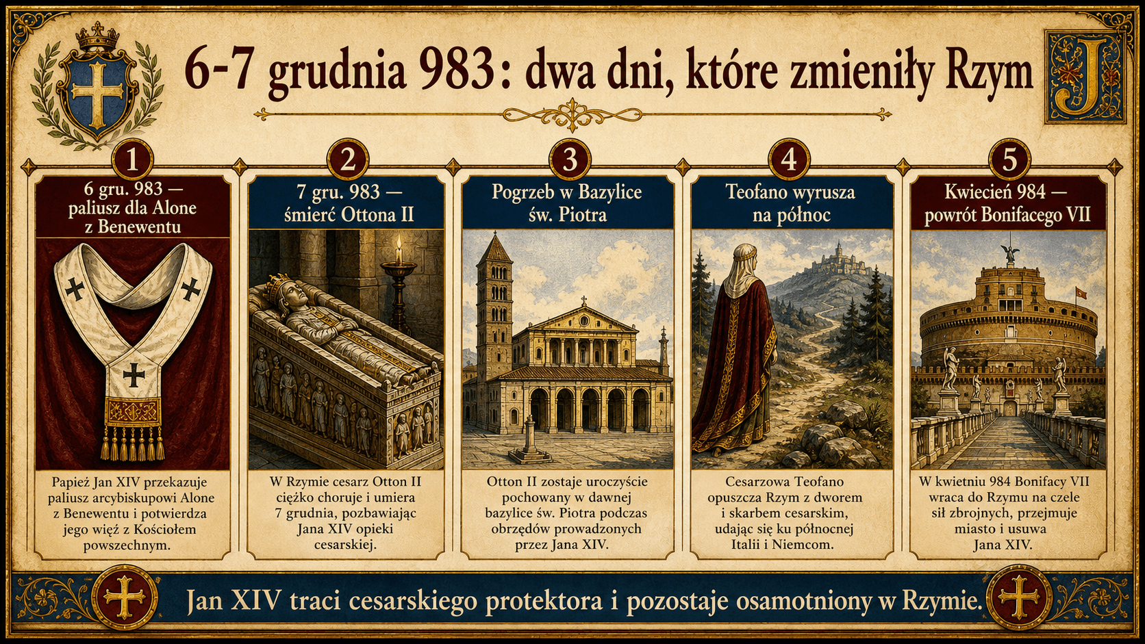 Infografika Ignispedii podsumowująca 6 i 7 grudnia 983: paliusz dla Alone z Benewentu, śmierć Ottona II, pogrzeb w Bazylice św. Piotra, wyjazd Teofano i powrót Bonifacego VII.