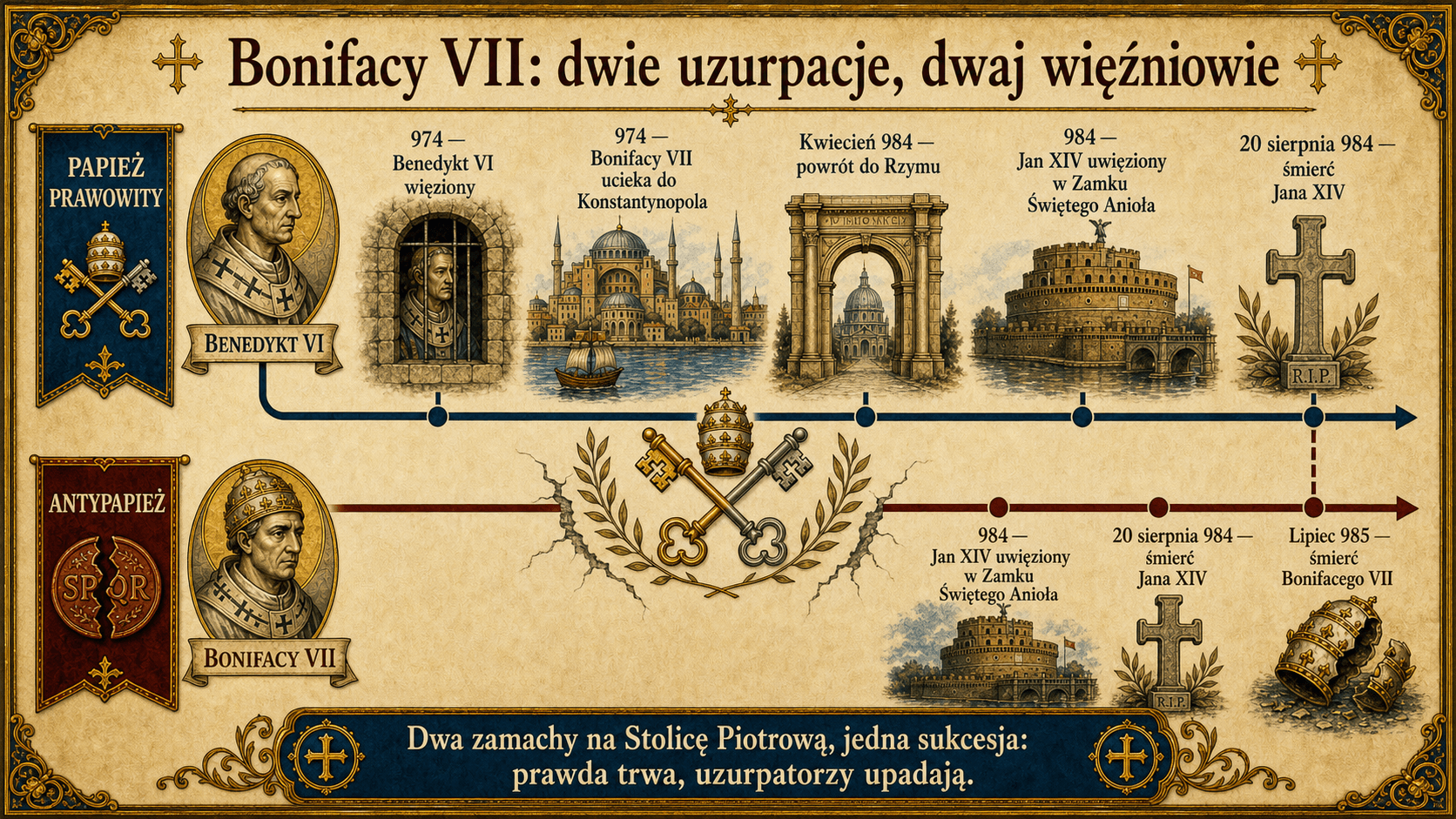 Infografika Ignispedia przedstawiająca dwie uzurpacje Bonifacego VII, z więźniami Benedykta VI i Jana XIV.