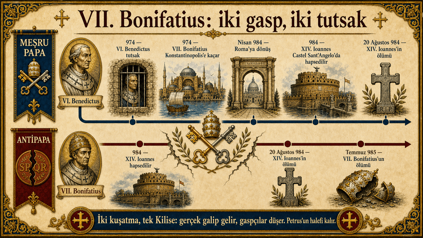 VI. Benedictus ve XIV. Ioannes tutsaklarıyla birlikte VII. Bonifatius'un iki gaspını gösteren Ignispedia infografik.