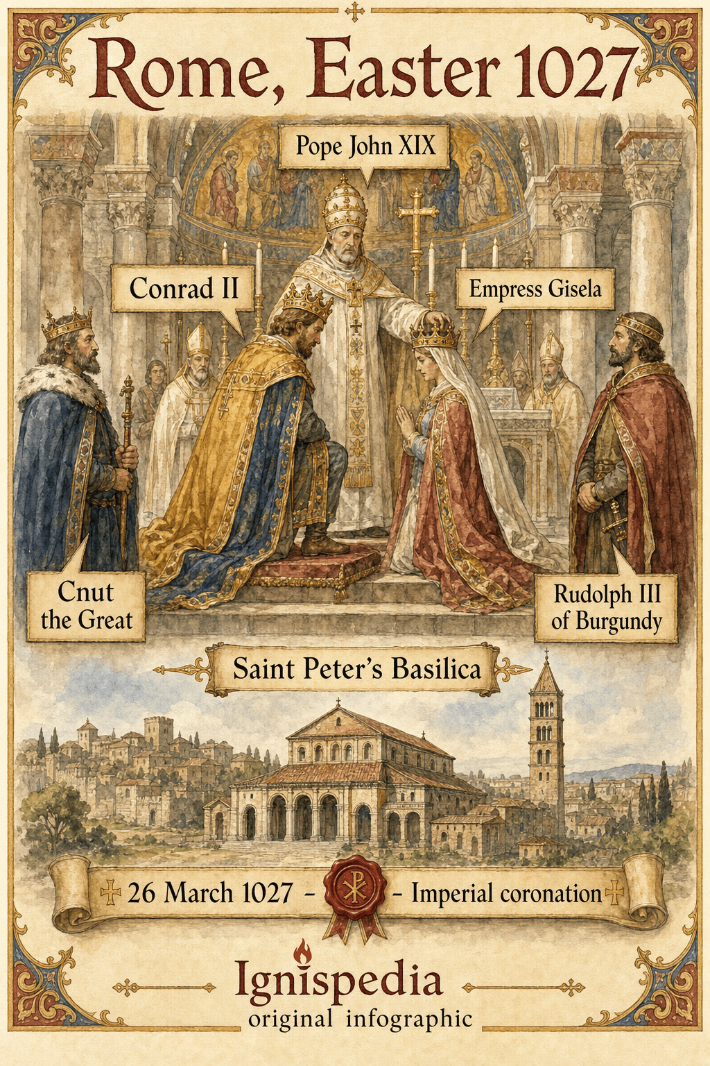 English watercolor infographic of the coronation of Conrad II by Pope John XIX at Saint Peter's in Rome on 26 March 1027, with Gisela, Cnut, and Rudolph III