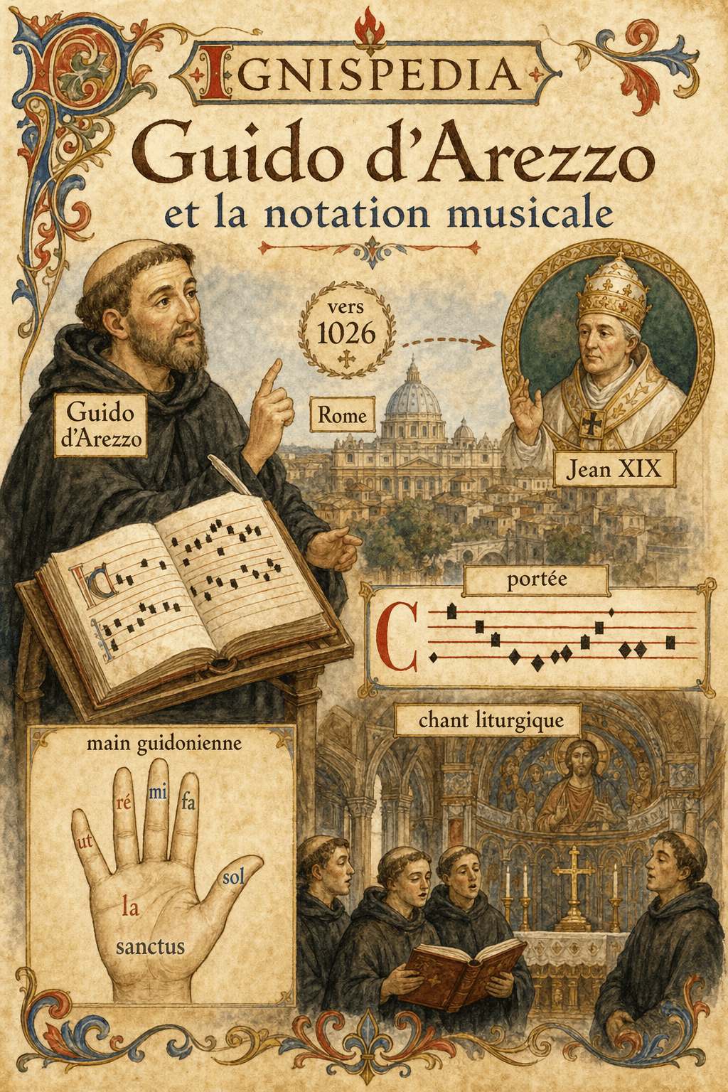 Infographie aquarelle sur Guido d'Arezzo, la portée, la main guidonienne et l'invitation de Jean XIX à Rome vers 1028