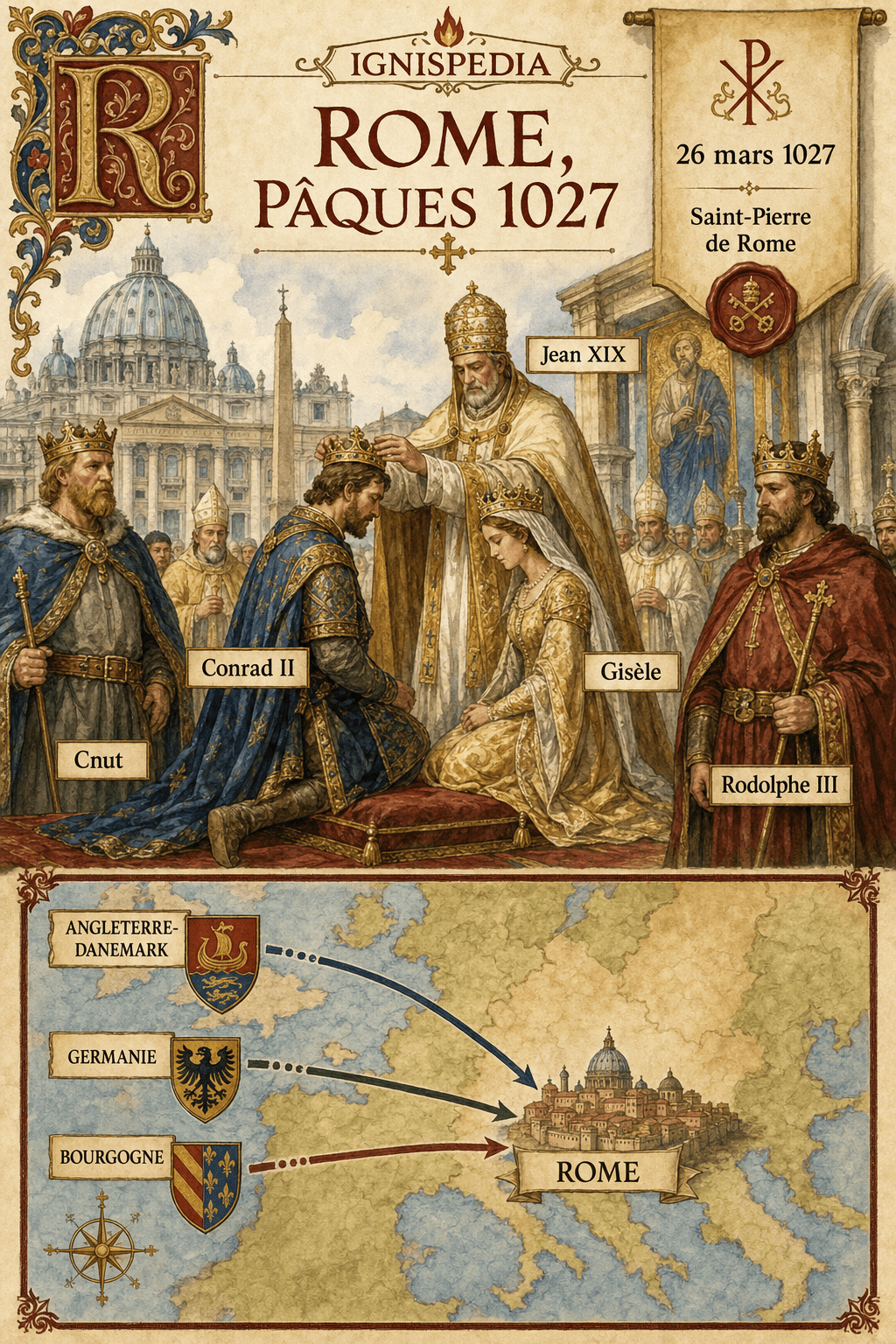 Infographie aquarelle du couronnement de Conrad II par Jean XIX à Saint-Pierre de Rome le 26 mars 1027, avec Gisèle, Cnut et Rodolphe III