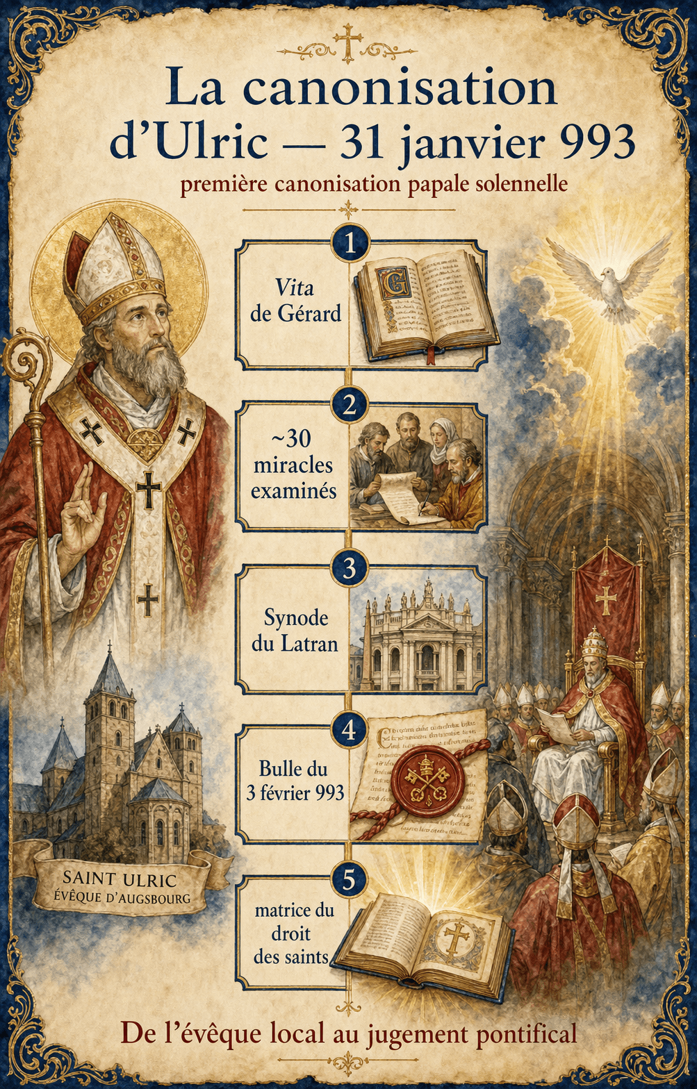Infographie expliquant la canonisation d'Ulric d'Augsbourg par Jean XV le 31 janvier 993, première canonisation papale solennelle.