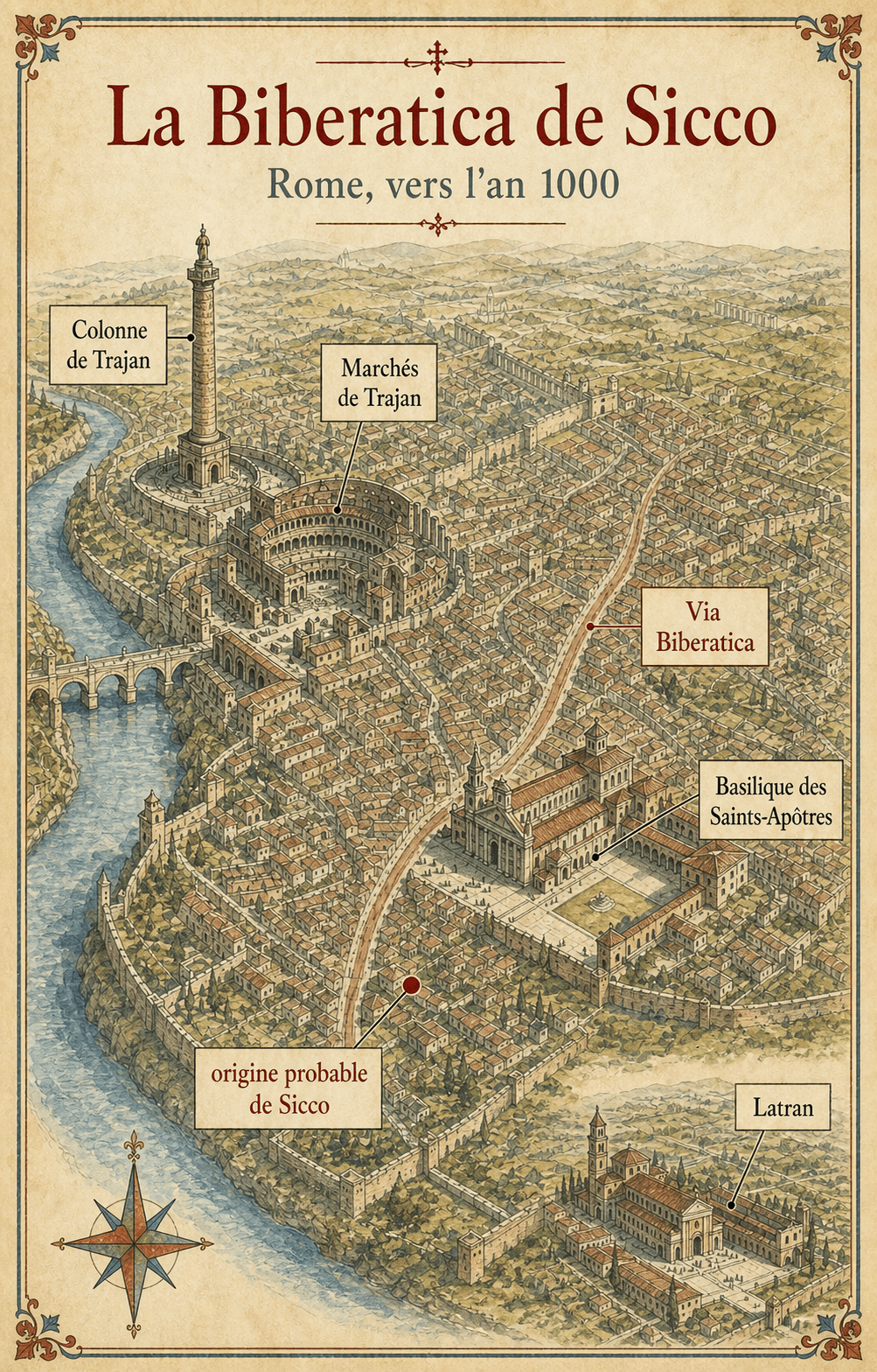 Carte aquarellée du quartier de la Biberatica à Rome vers l'an 1000, entre la colonne de Trajan, les marchés de Trajan et la basilique des Saints-Apôtres.