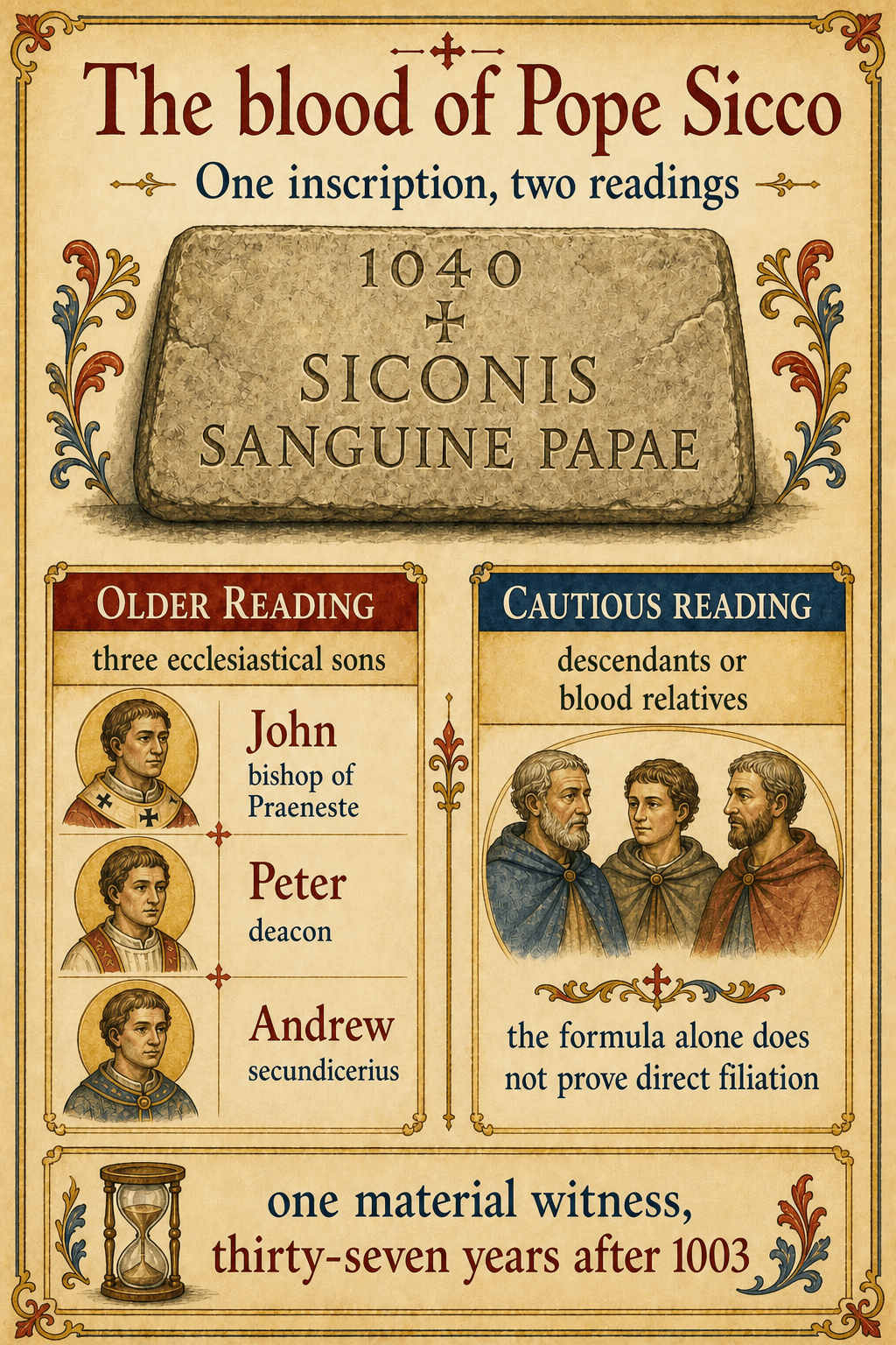 Watercolor infographic presenting two readings of the 1040 inscription about the blood of Pope Sicco: three ecclesiastical sons or broader kinship.