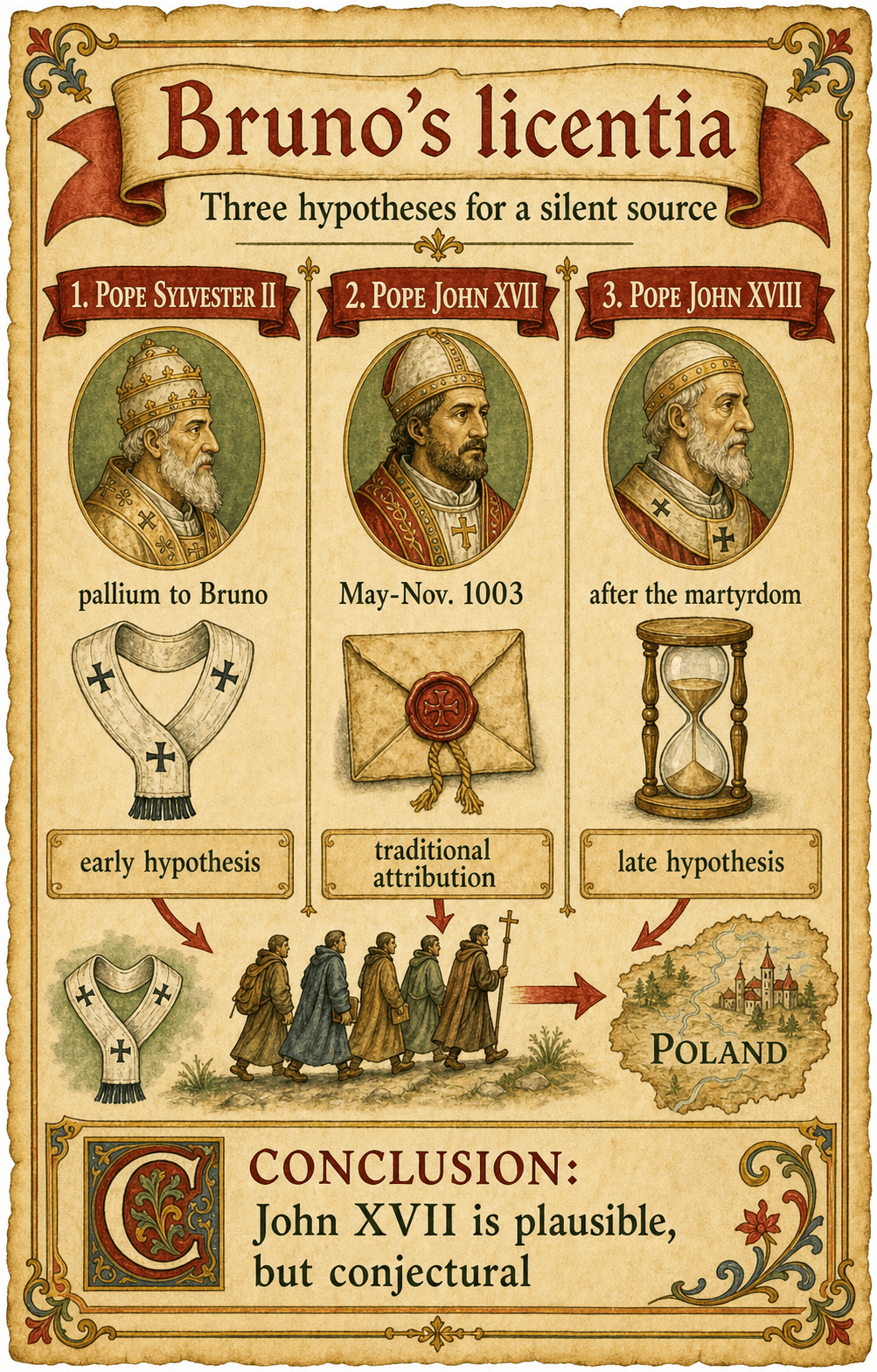 Infographic presenting the three hypotheses about the pope who issued the missionary licentia to Bruno of Querfurt: Sylvester II, John XVII, or John XVIII.