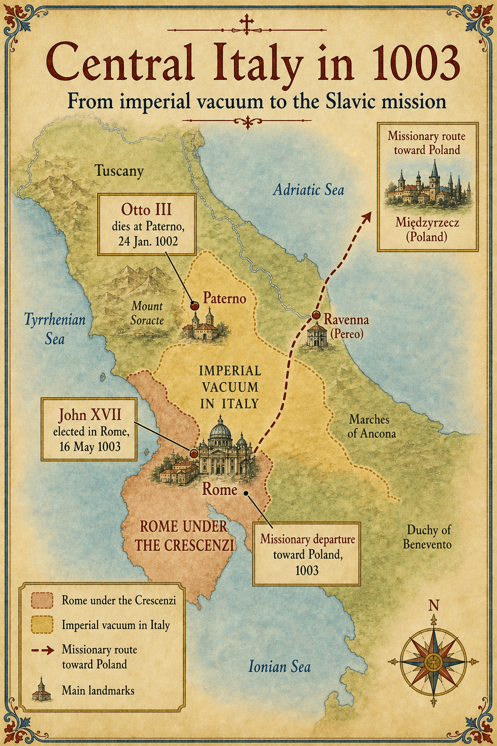 Watercolor map of central Italy in 1003, with Rome, Paterno, Ravenna-Pereo, and the missionary route toward Poland.