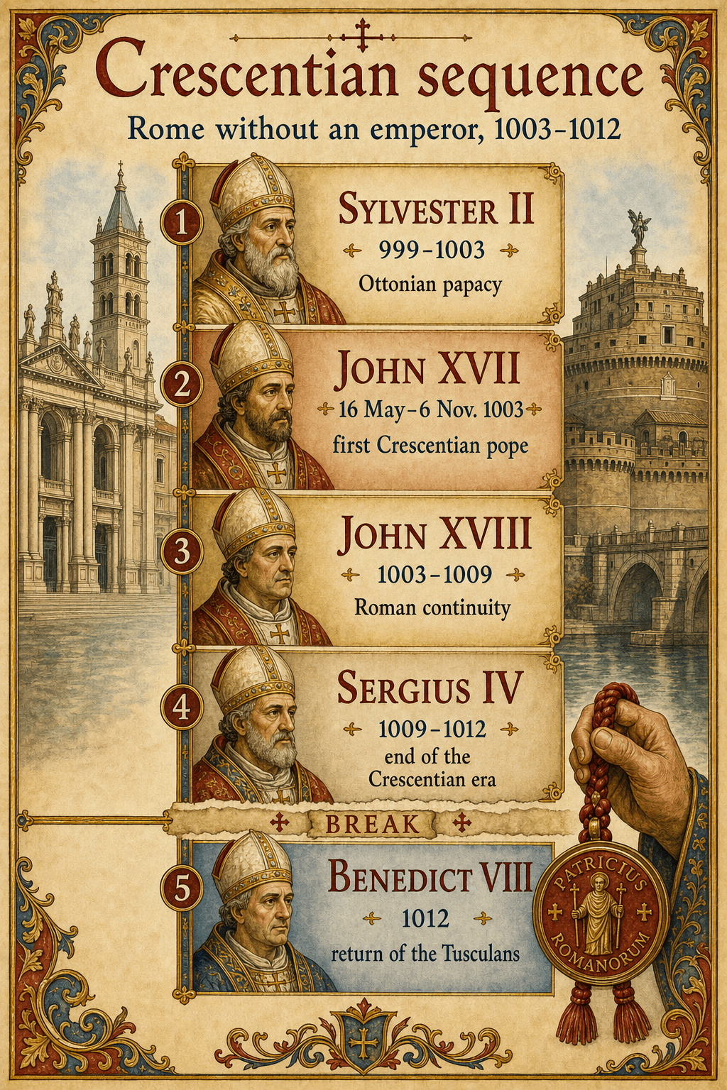 Watercolor timeline of popes Sylvester II, John XVII, John XVIII, Sergius IV, and Benedict VIII between 999 and 1012.