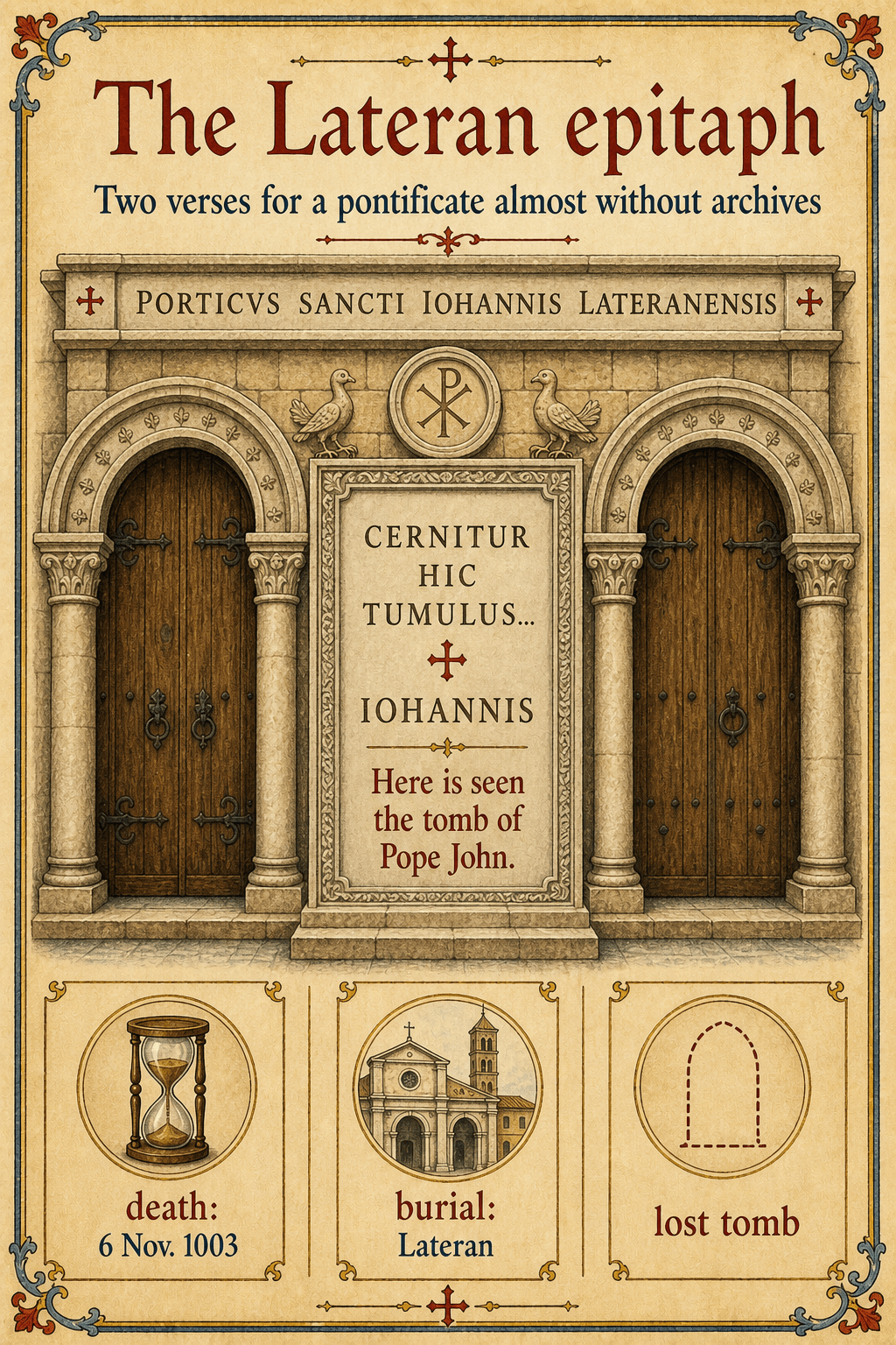 Watercolor infographic representing the medieval Lateran portico, the lost tomb of John XVII, and its abbreviated Latin epitaph.