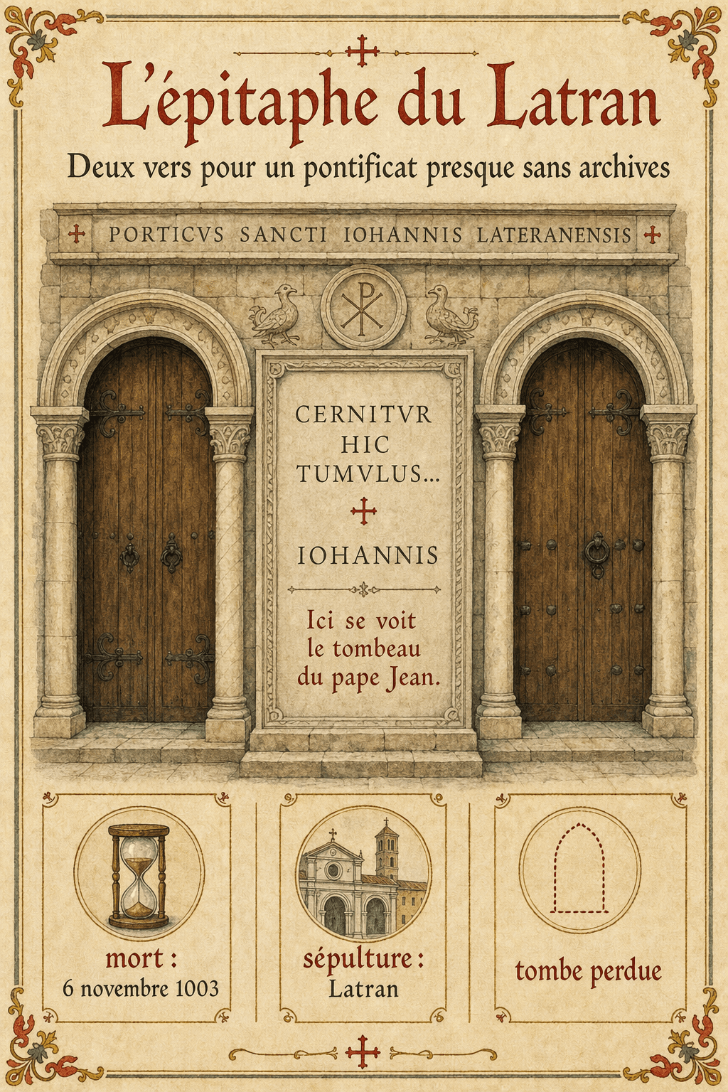 Infographie aquarellée représentant le portique médiéval du Latran, la tombe perdue de Jean XVII et son épitaphe latine abrégée.