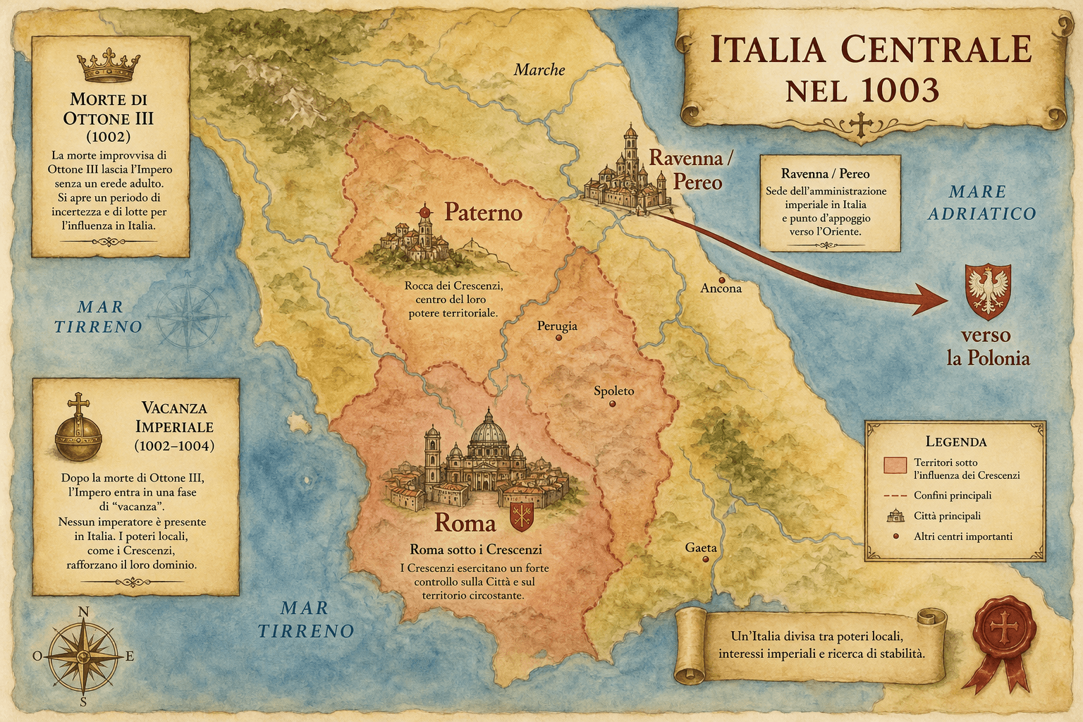 Carta acquarellata dell'Italia centrale del 1003, con Roma, Paterno, Ravenna-Pereo e la via missionaria verso la Polonia.