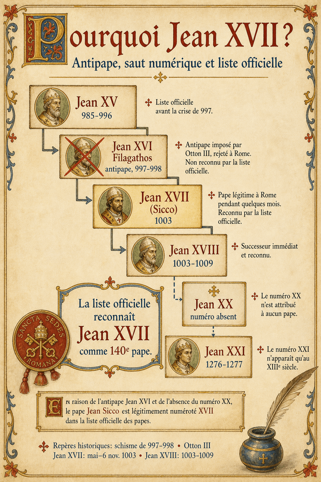 Infographie expliquant la numérotation de Jean XVII après l'antipape Jean XVI Filagathos et le saut du numéro Jean XX.