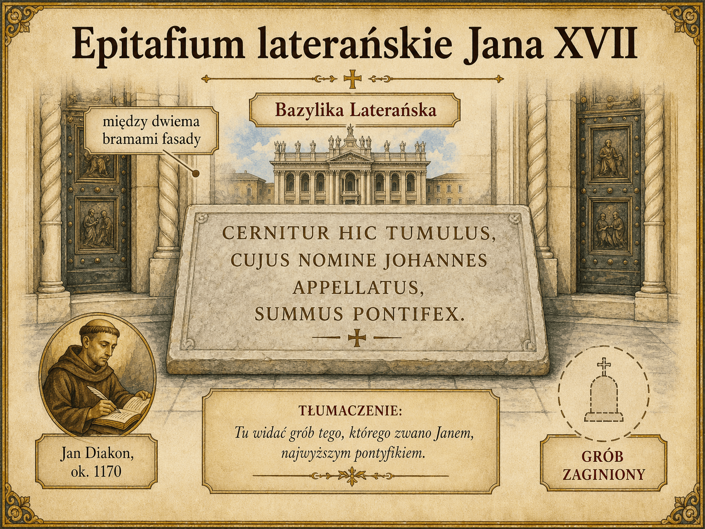 Akwarelowa infografika przedstawiająca średniowieczny portyk Lateranu, zaginiony grób Jana XVII i skrócone łacińskie epitafium.