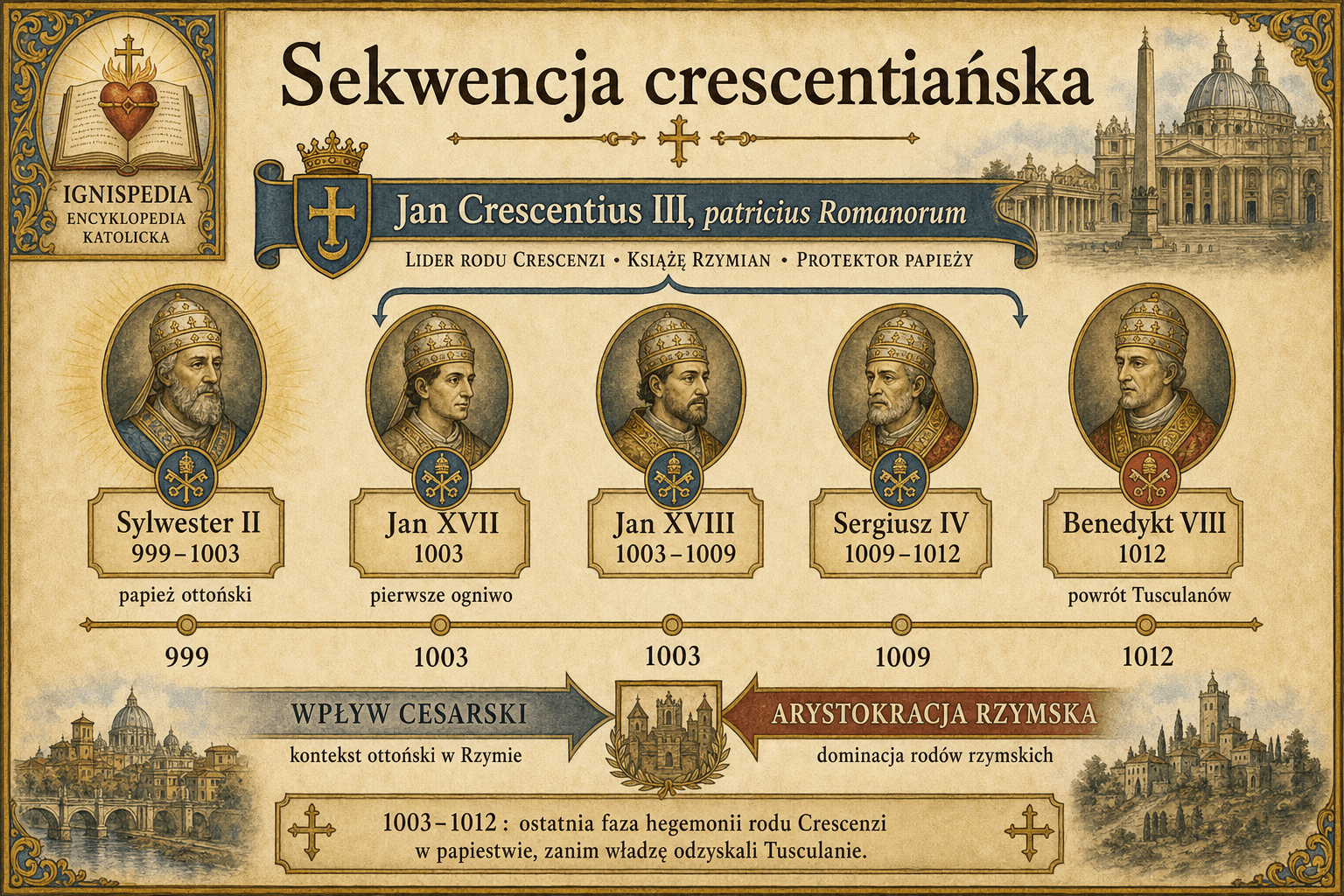 Akwarelowa oś czasu papieży Sylwestra II, Jana XVII, Jana XVIII, Sergiusza IV i Benedykta VIII między 999 a 1012 rokiem.