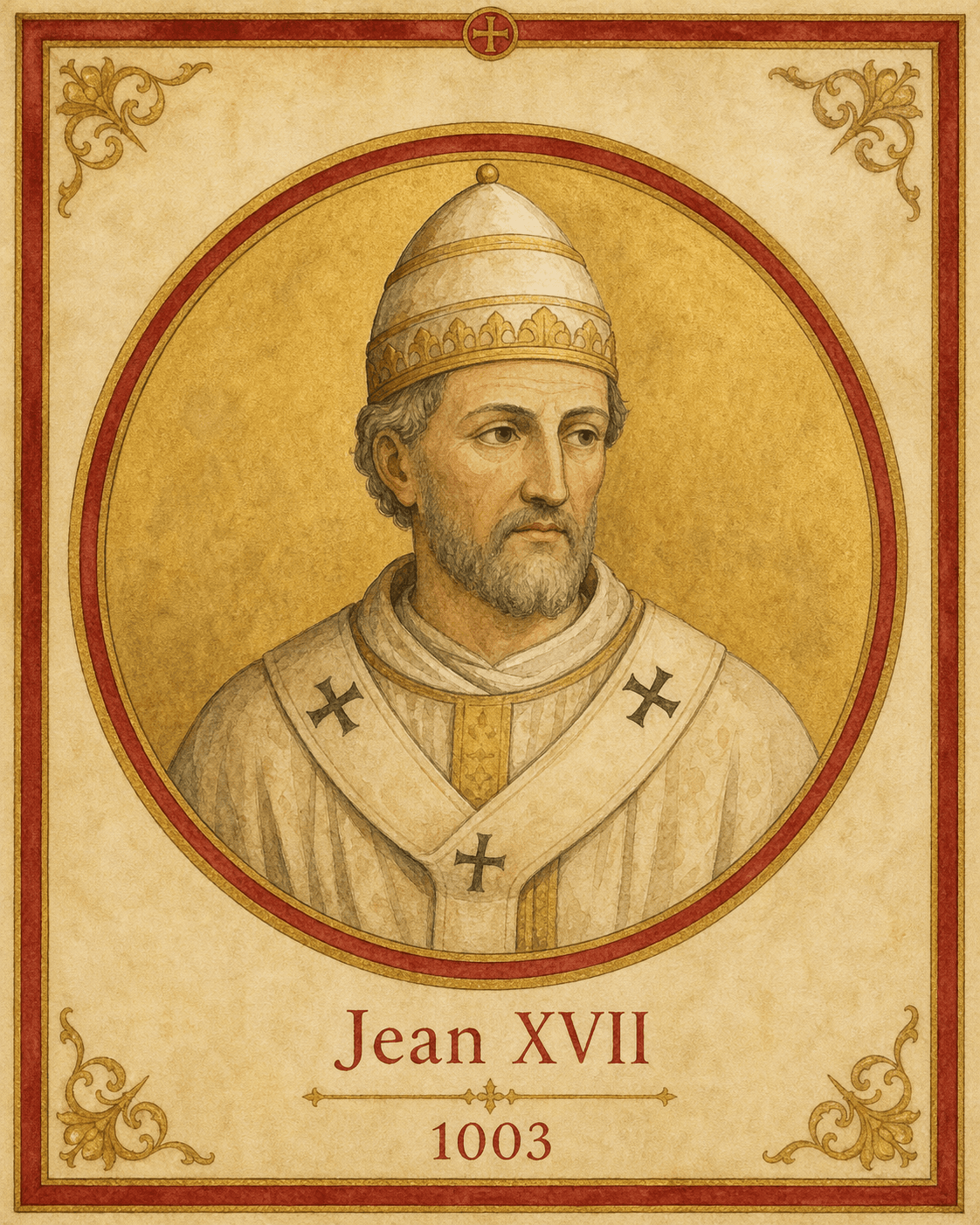 Idealisiertes Aquarellporträt von Papst Johannes XVII., päpstliches Medaillon nach der Papstgalerie von Sankt Paul vor den Mauern.