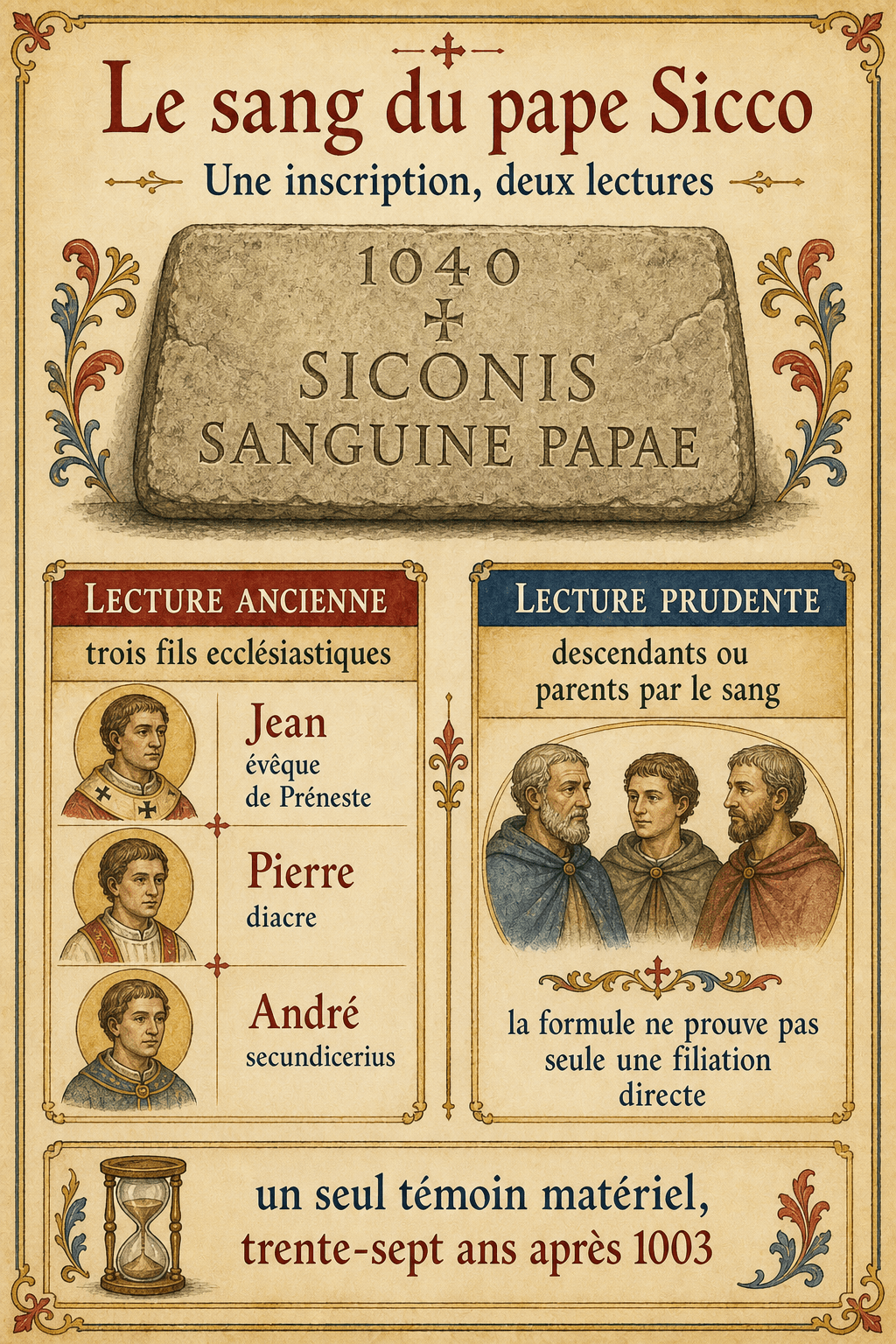 Infographie aquarellée présentant deux lectures de l'inscription de 1040 sur le sang du pape Sicco : trois fils ecclésiastiques ou parenté plus large.