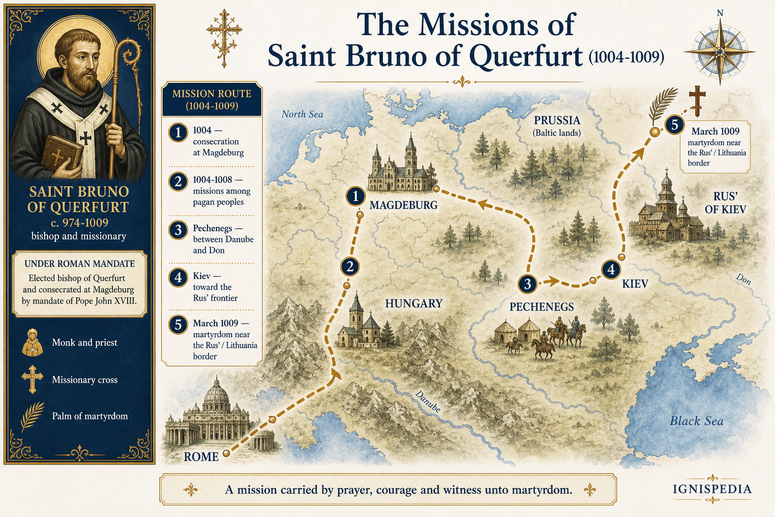 Infographic map of the missions of Saint Bruno of Querfurt between 1004 and 1009, from Rome and Magdeburg to Hungary, the Pechenegs, Kyiv and Prussia