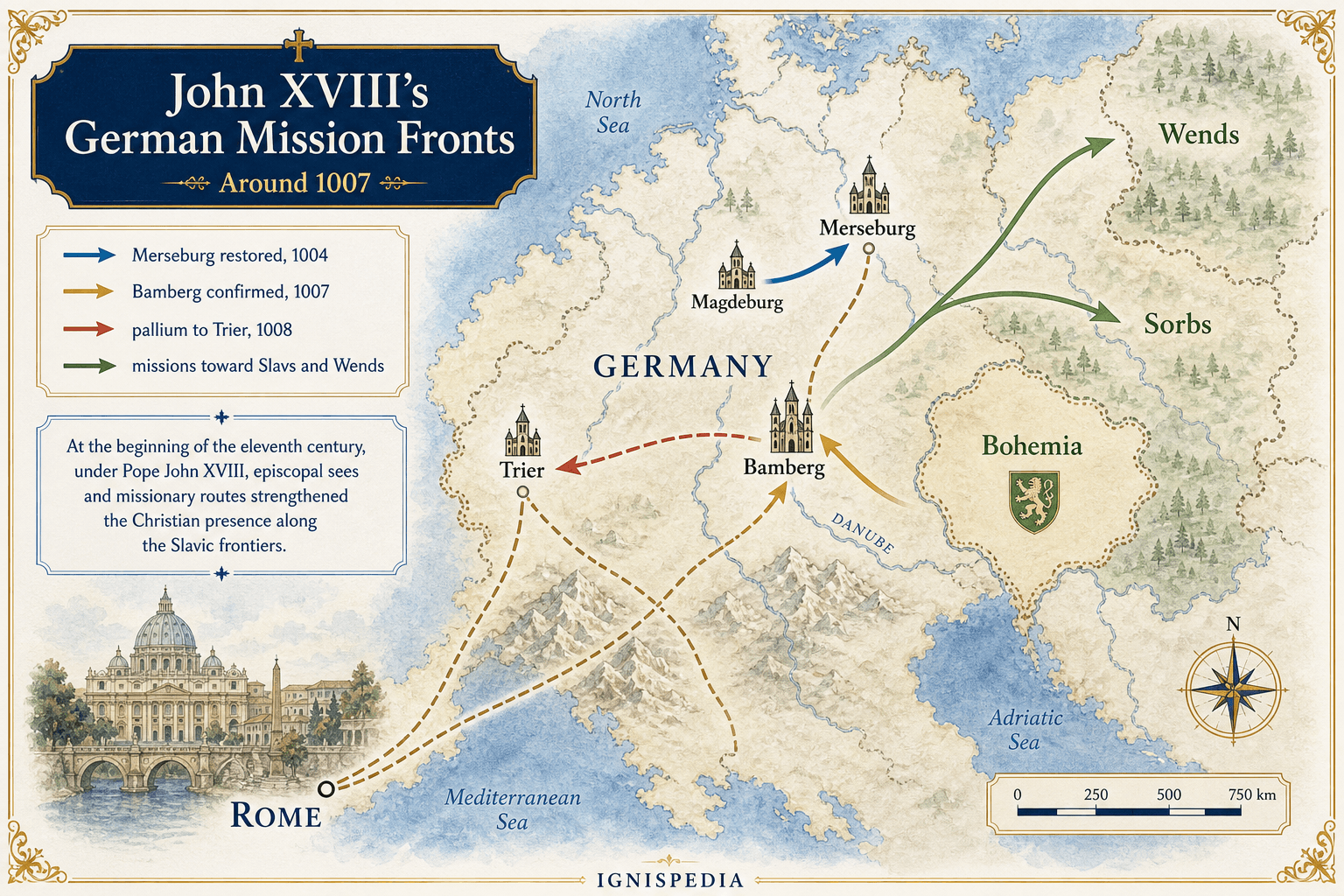 Infographic map of the Germanic missionary fronts of John XVIII: Merseburg, Bamberg, Magdeburg, Trier, Sorbs, Bohemia and Wends