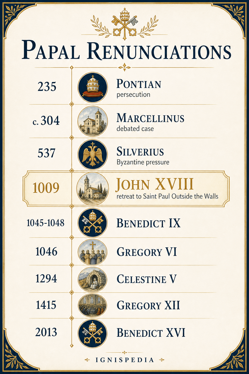 Vertical infographic of pontifical renunciations from Pontian to Benedict XVI, with John XVIII highlighted in 1009