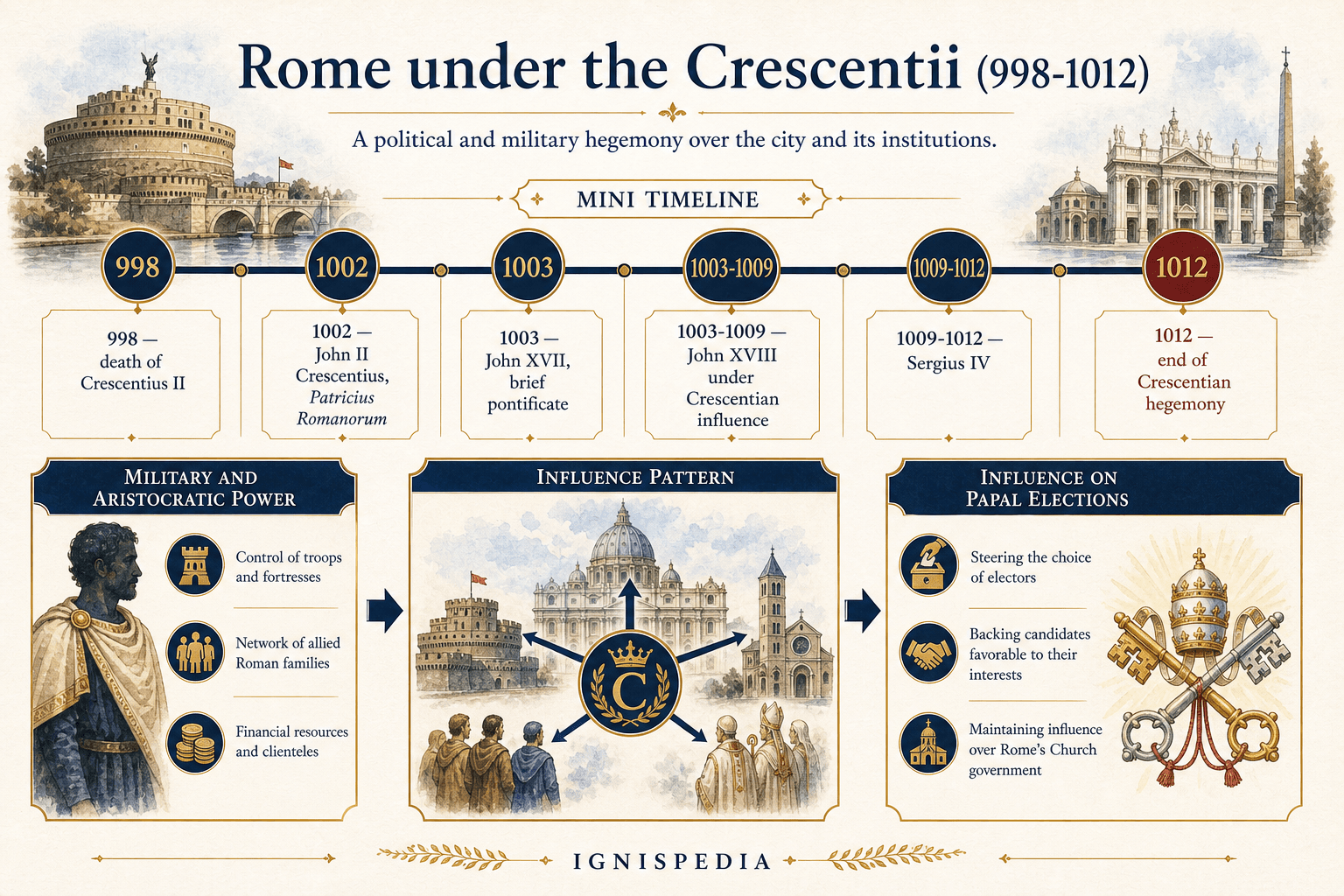 Infographic on the domination of the Crescentii in Rome between 998 and 1012