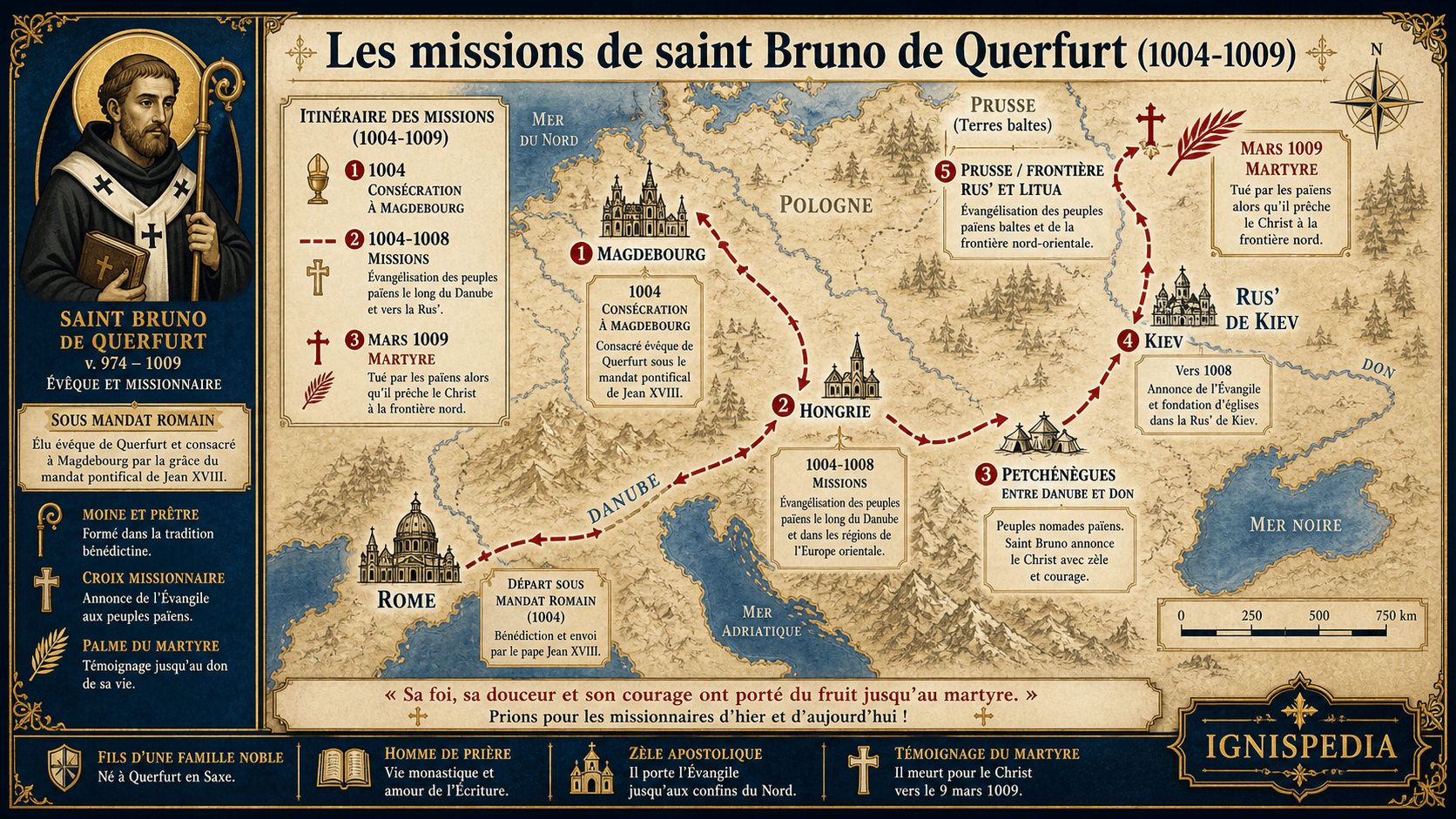 Carte infographique des missions de saint Bruno de Querfurt entre 1004 et 1009, de Rome et Magdebourg à la Hongrie, aux Petchénègues, à Kiev et à la Prusse