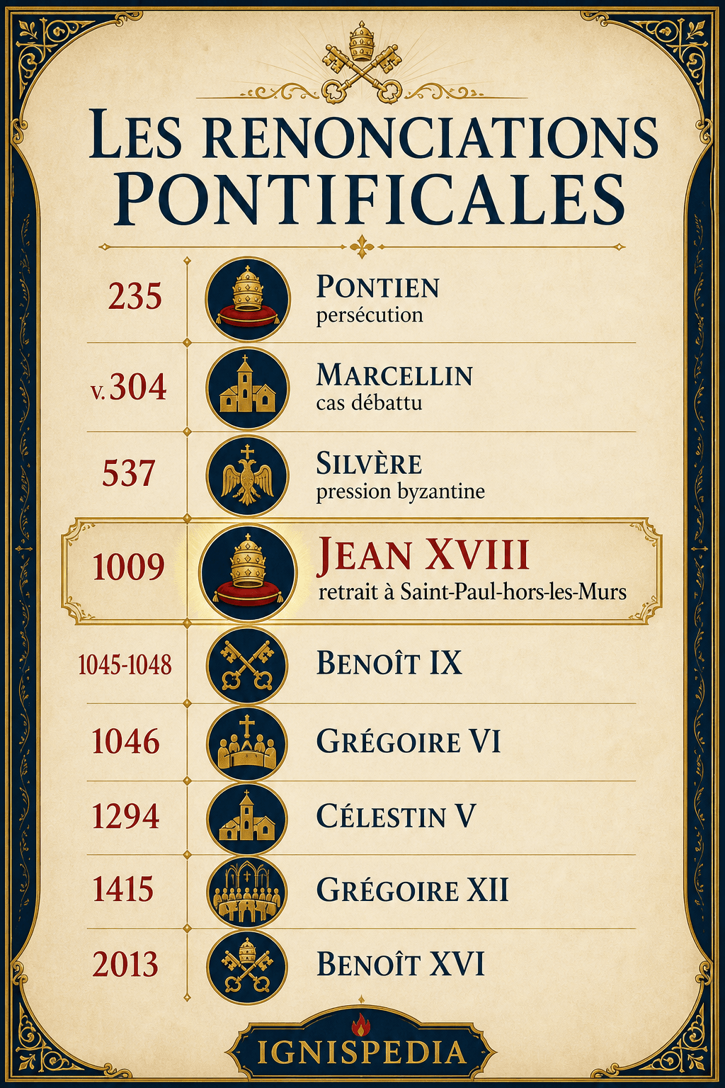 Infographie verticale des renonciations pontificales de Pontien à Benoît XVI, avec Jean XVIII mis en valeur en 1009