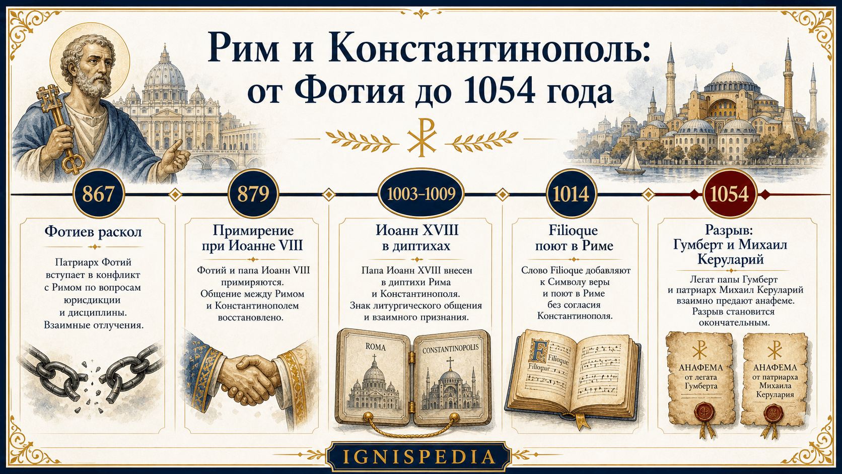 Хронологическая лента Рима и Константинополя с 867 по 1054 год, с диптихами Иоанна XVIII между примирением 879 года и расколом 1054 года