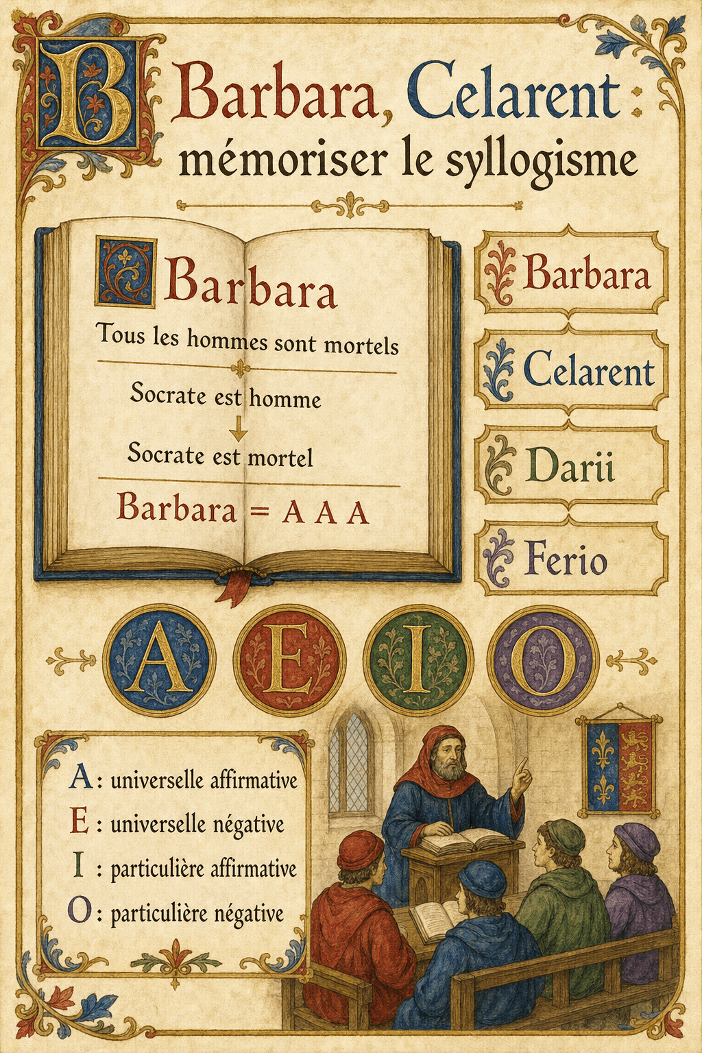 Infographie Ignispedia expliquant les modes syllogistiques Barbara, Celarent, Darii et Ferio, avec les voyelles A, E, I et O.