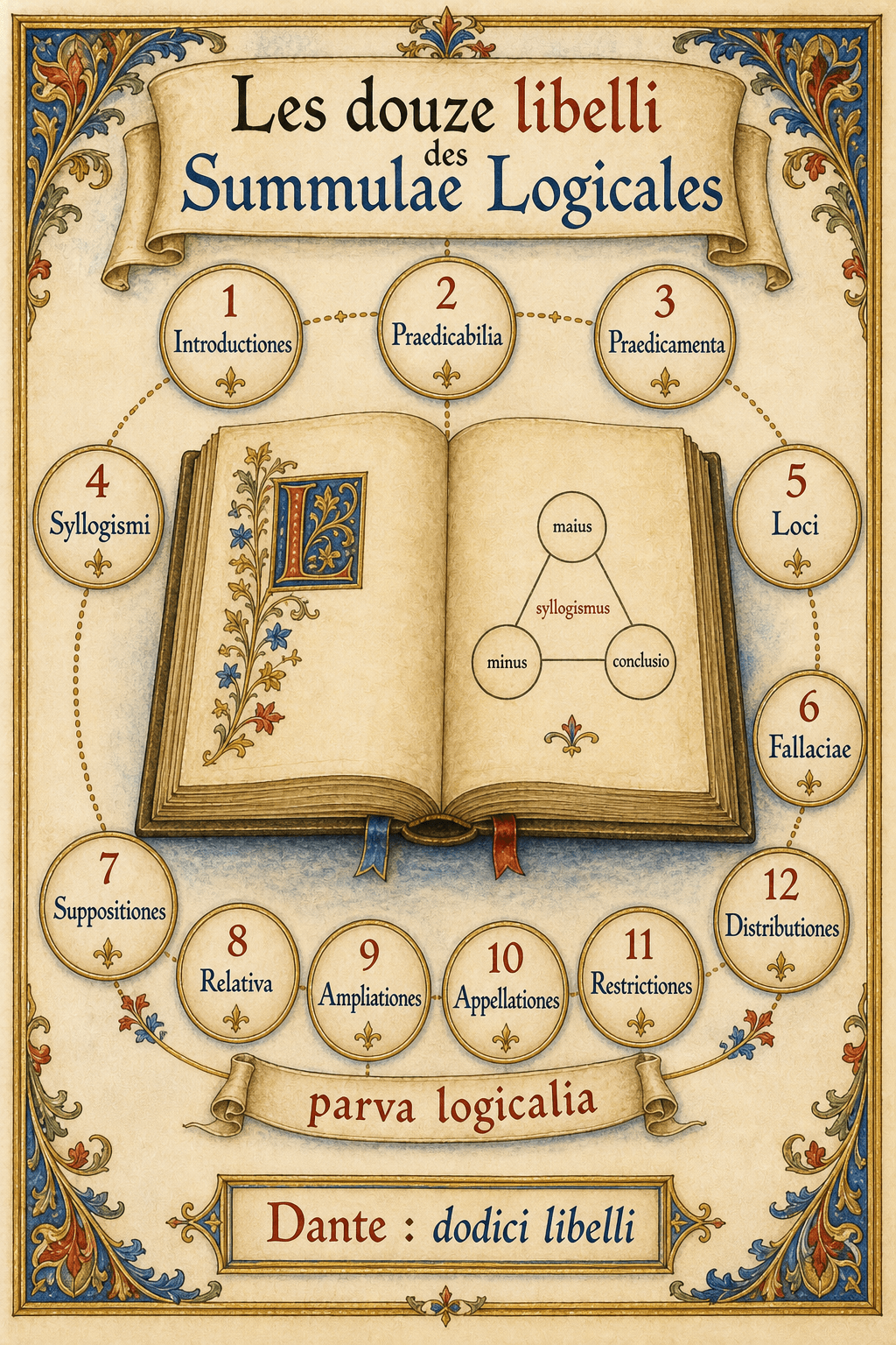 Infographie Ignispedia présentant les douze traités (libelli) des Summulae Logicales de Pierre d'Espagne, avec la référence au vers de Dante sur les douze petits livres.