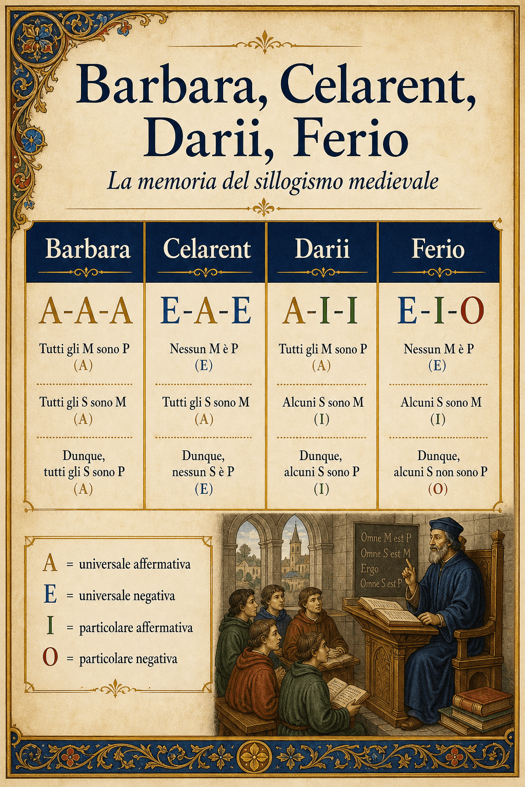 Infografica Ignispedia in italiano che spiega i modi sillogistici Barbara, Celarent, Darii e Ferio, con le vocali A, E, I e O.