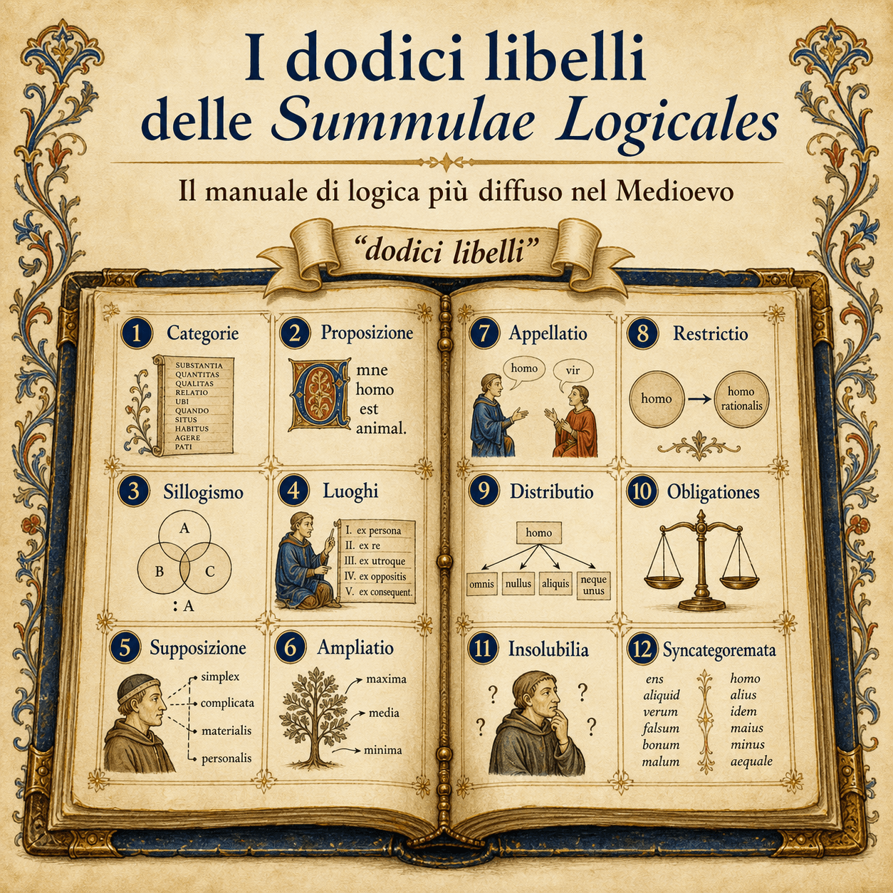 Infografica Ignispedia in italiano che presenta i dodici trattati o libelli delle Summulae Logicales di Pietro Ispano, con riferimento al verso di Dante sui dodici piccoli libri.