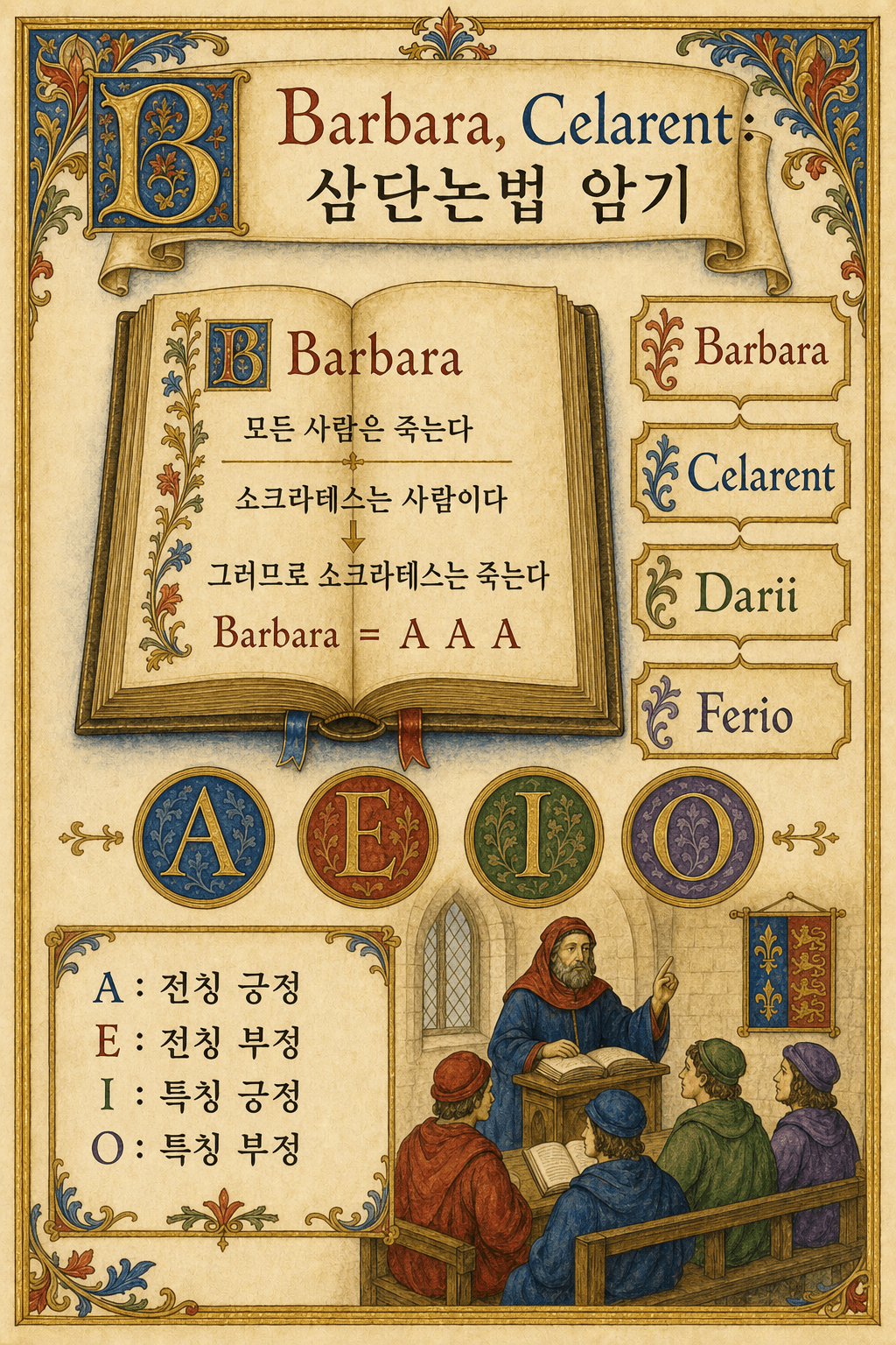 A, E, I, O 모음으로 Barbara, Celarent, Darii, Ferio의 삼단논법 형식을 설명하는 한국어 Ignispedia 인포그래픽.