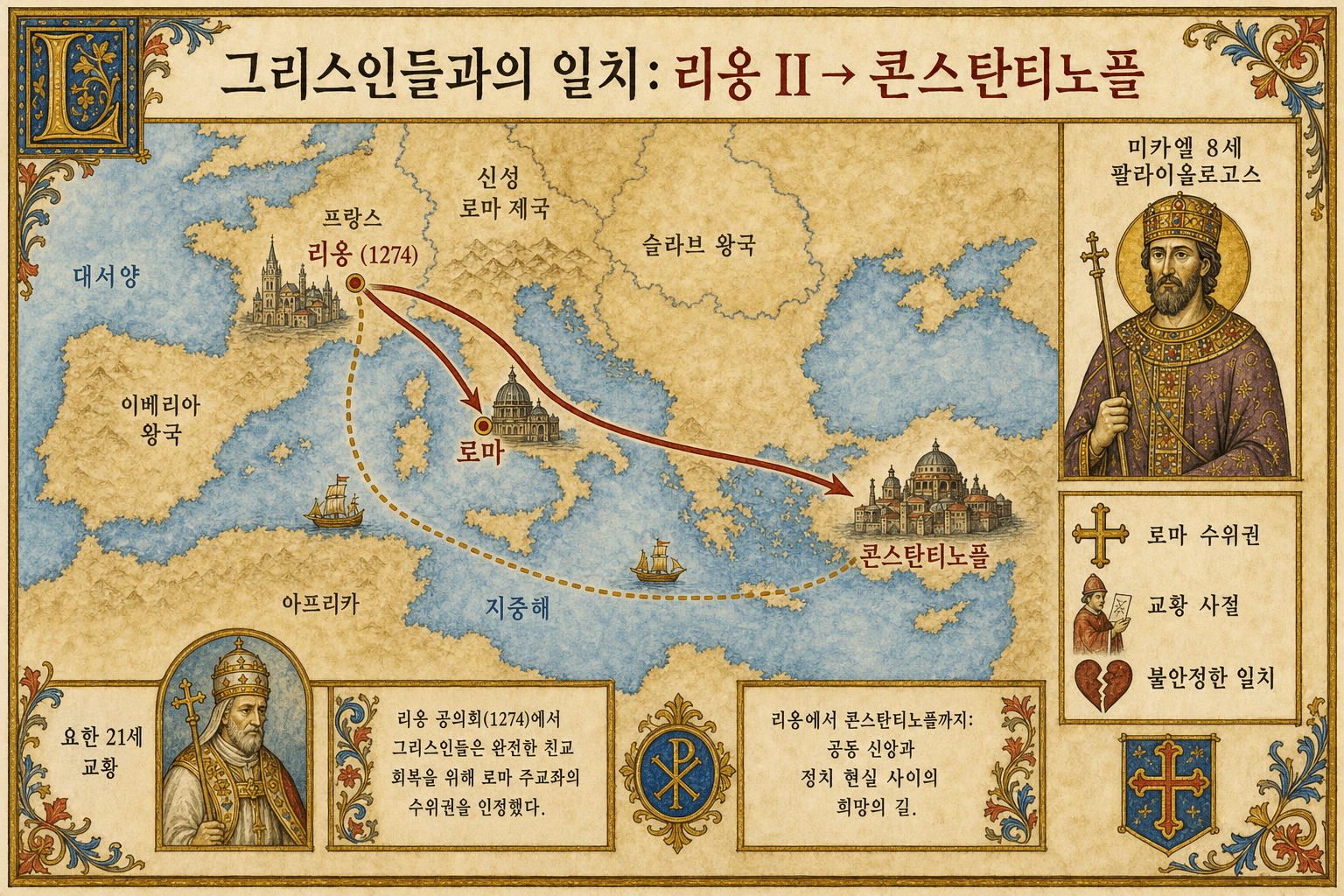 리옹 II에서 콘스탄티노플로 이어지는 그리스인들과의 일치를 설명하는 한국어 지도형 Ignispedia 인포그래픽.