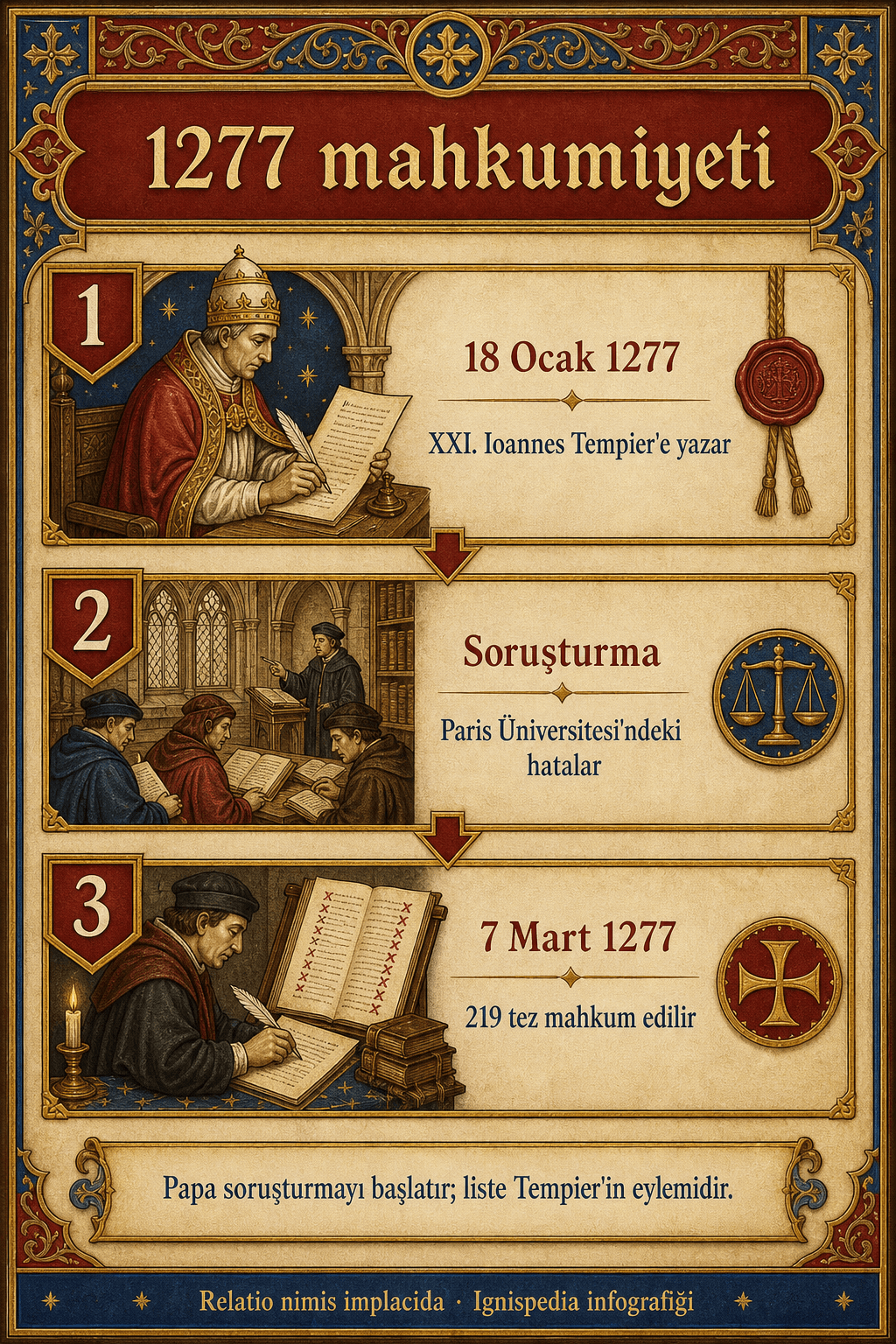 XXI. Ioannes'in Relatio nimis implacida mektubunu, Étienne Tempier'in soruşturmasını ve 1277'de 219 tezin kınanmasını anlatan Ignispedia infografik.