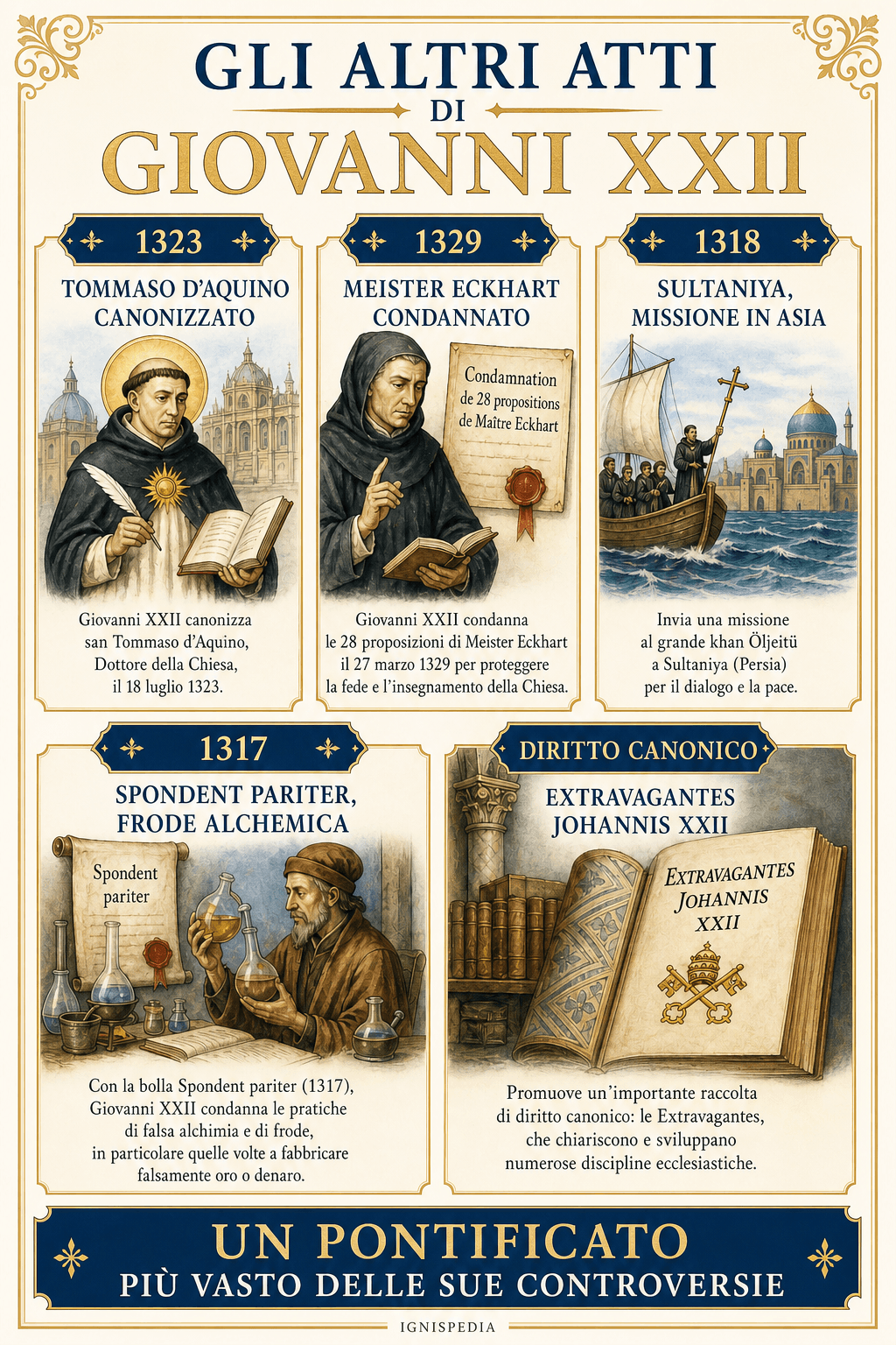 Infografica che sintetizza gli altri grandi atti di Giovanni XXII: Tommaso d’Aquino, Eckhart, Sultaniyah, alchimia e diritto canonico