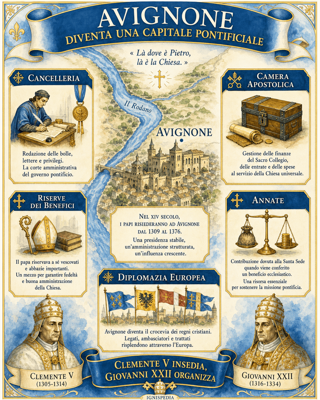 Infografica che mostra Avignone come capitale pontificia con cancelleria, Camera Apostolica, riserve, annate e diplomazia