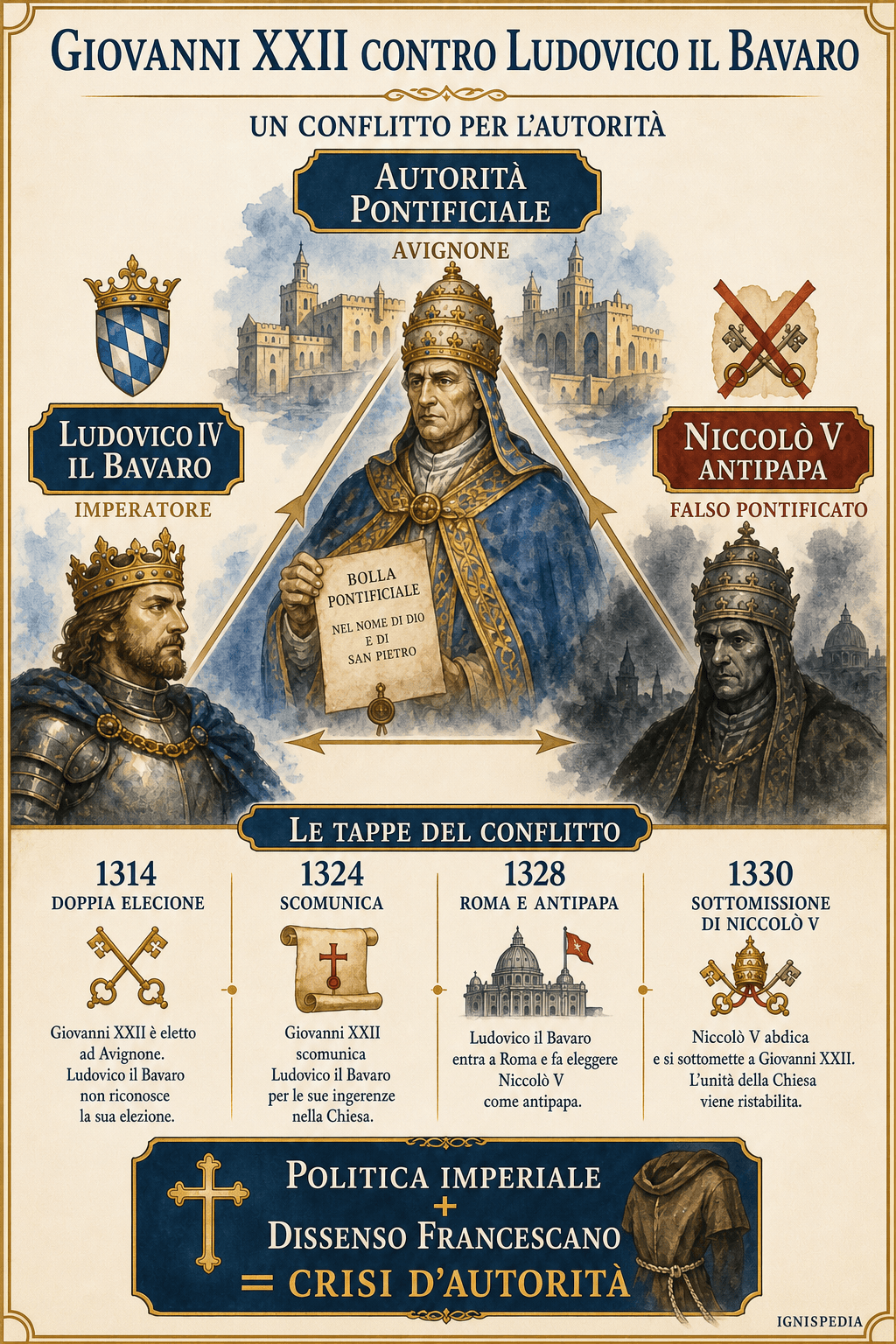 Infografica sul conflitto tra Giovanni XXII, Luigi di Baviera e l'antipapa Niccolò V