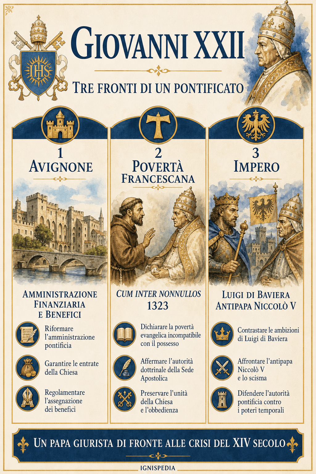 Infografica sui tre fronti del pontificato di Giovanni XXII: Avignone, povertà francescana e Impero