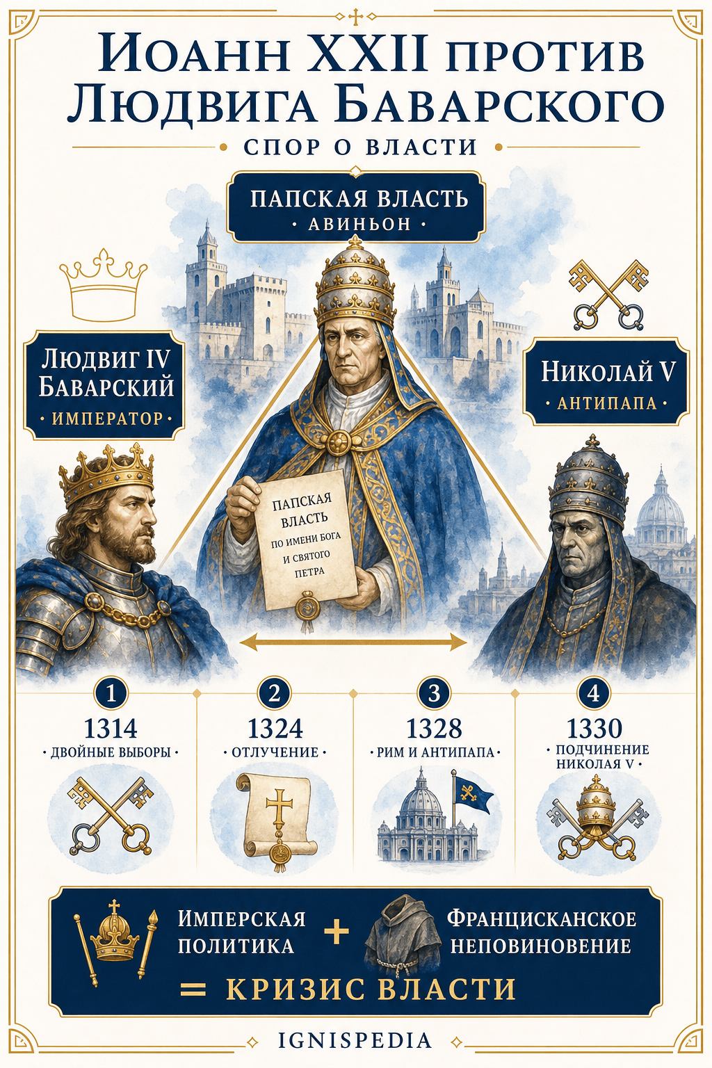 Инфографика о конфликте между Иоанном XXII, Людвигом Баварским и антипапой Николаем V