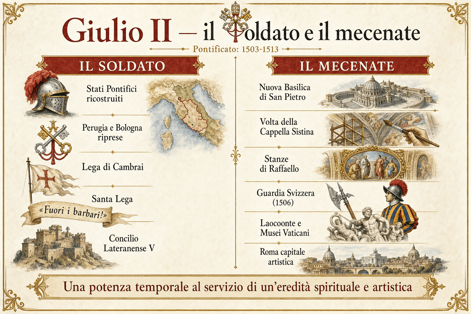 Infografica Giulio II, il soldato e il mecenate: riconquista degli Stati pontifici, Lega di Cambrai, Santa Lega, San Pietro, Sistina, Raffaello, Guardia Svizzera e Laocoonte