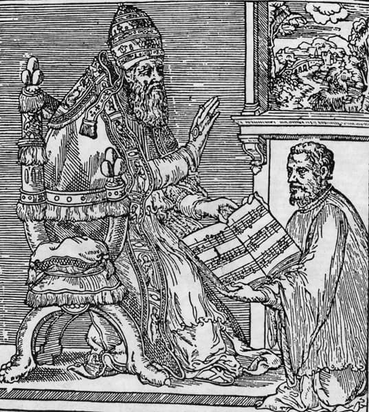 Xilografia del 1554 che mostra Giovanni Pierluigi da Palestrina inginocchiato mentre presenta il suo primo libro di messe a papa Giulio III in trono.