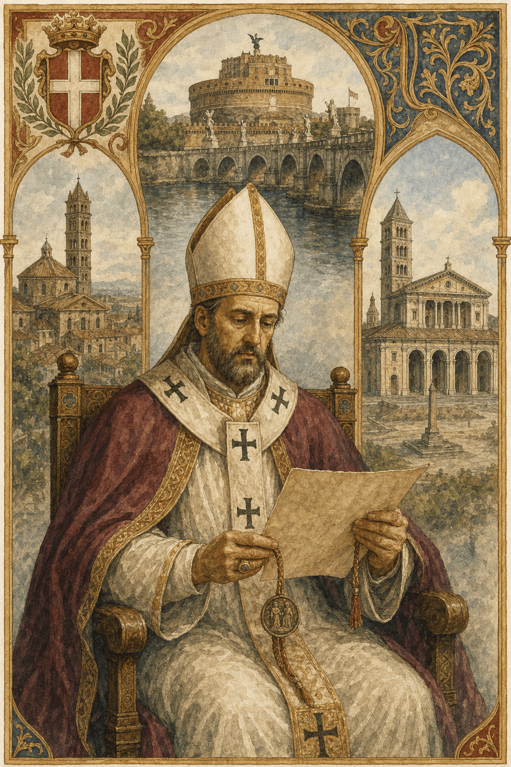 Watercolor portrait of Leo V, pope in 903, depicted as a sober pontiff priest in a medieval Latin setting