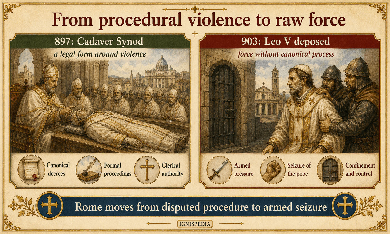 Infographic comparing the Cadaver Synod of 897 and the deposition of Leo V in 903