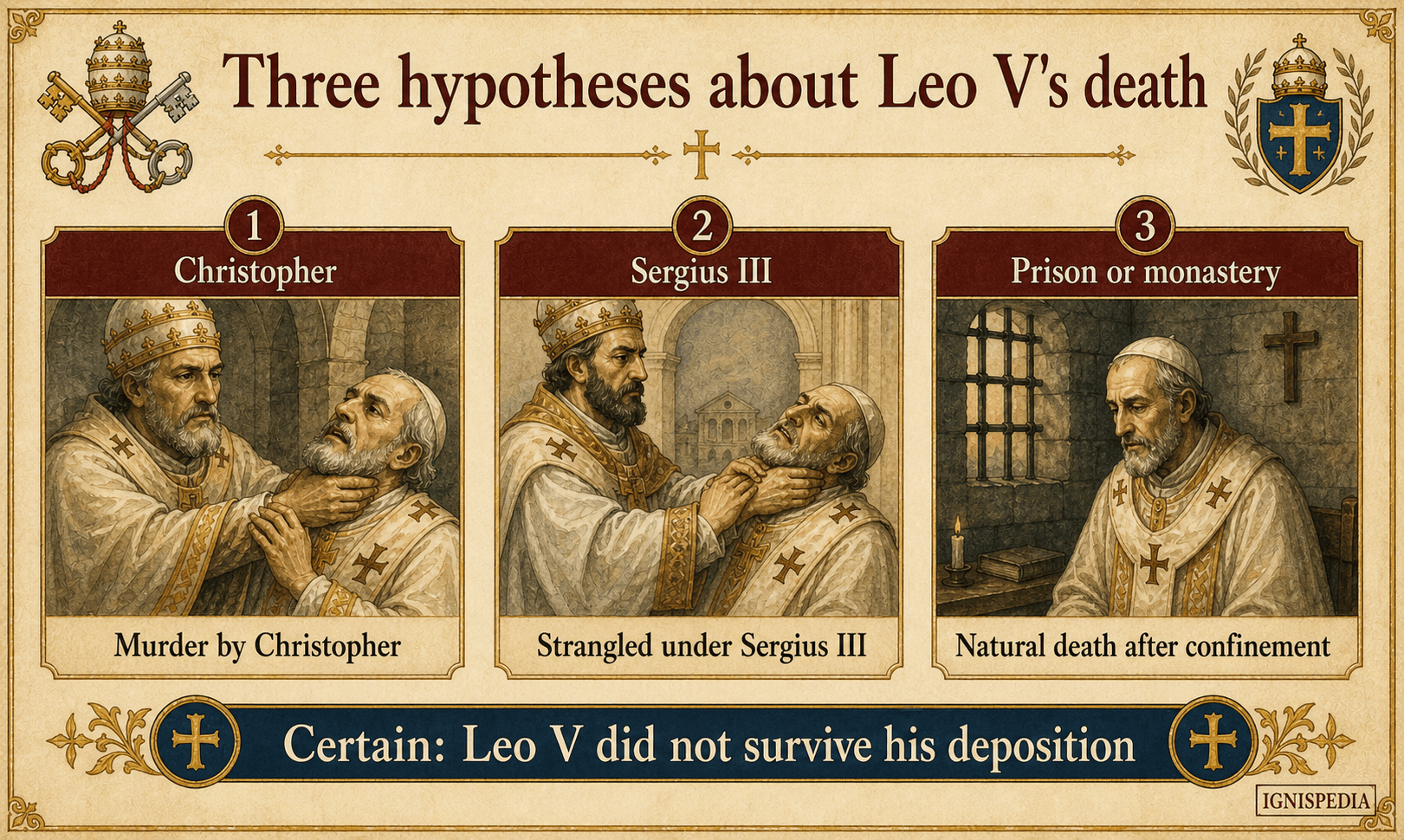 Infographic presenting the three hypotheses on the death of Leo V: Christopher, Sergius III or death in the dungeon